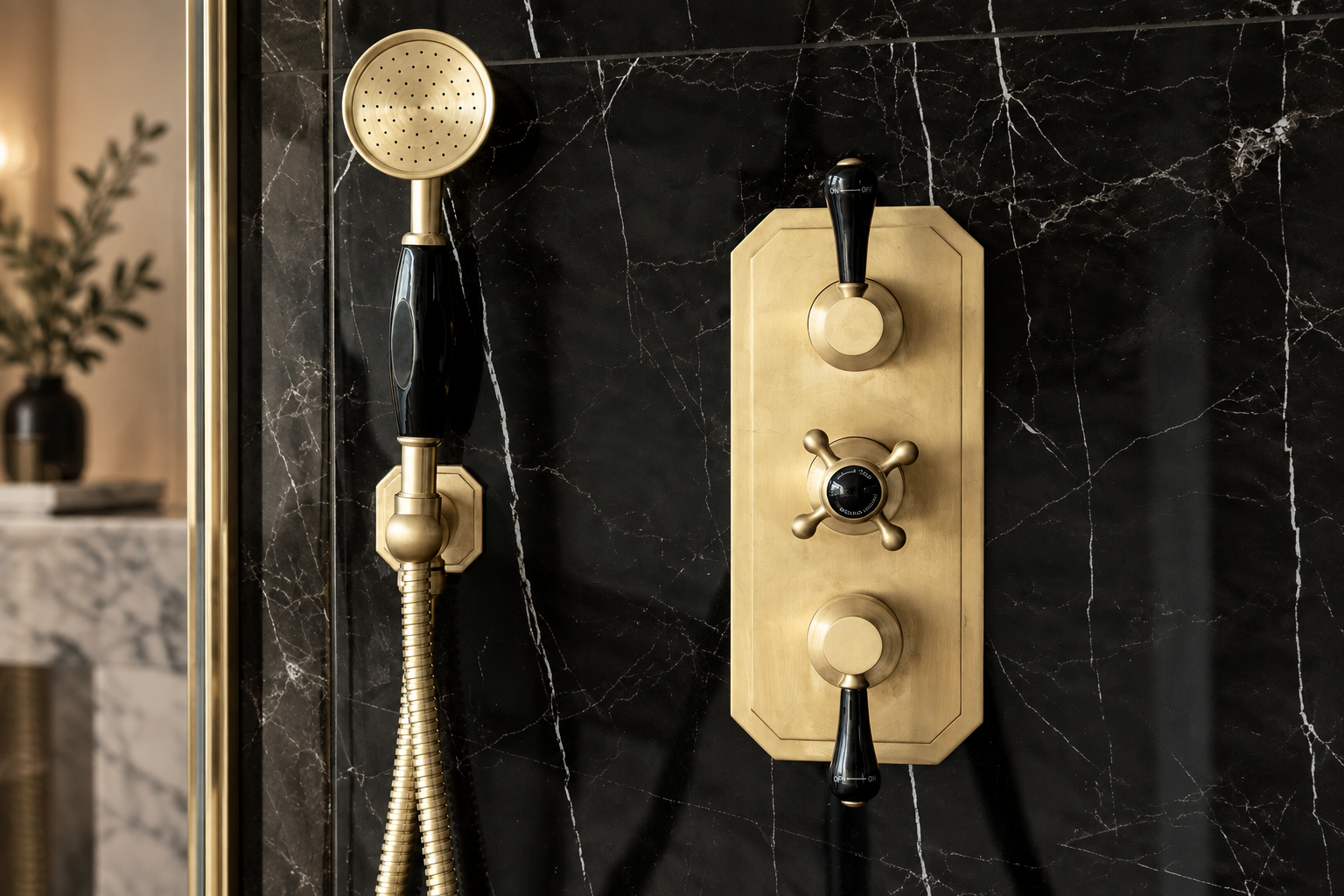 English luxury shower system with traditional Brass fixtures and natural marble