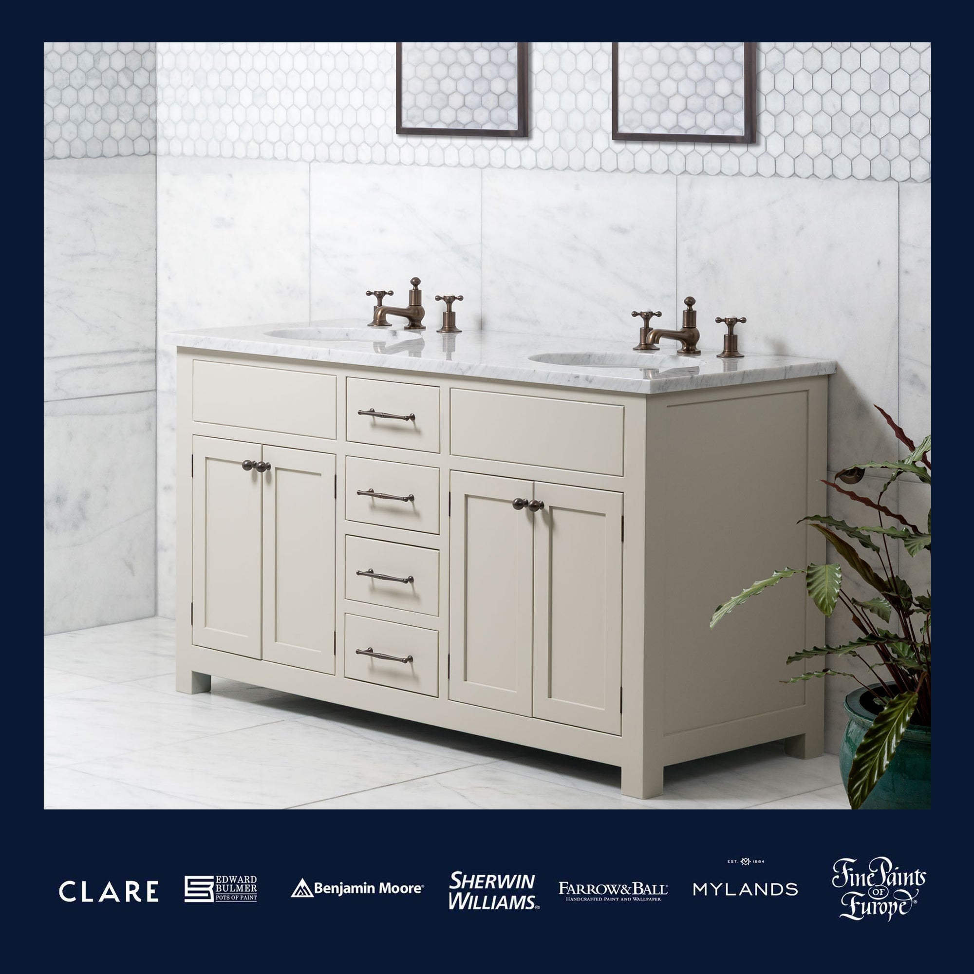 Blenheim Painted Bathroom Vanity (Inc. Marble Top, Upstand & 2no Sinks) - Rutland London (USA)