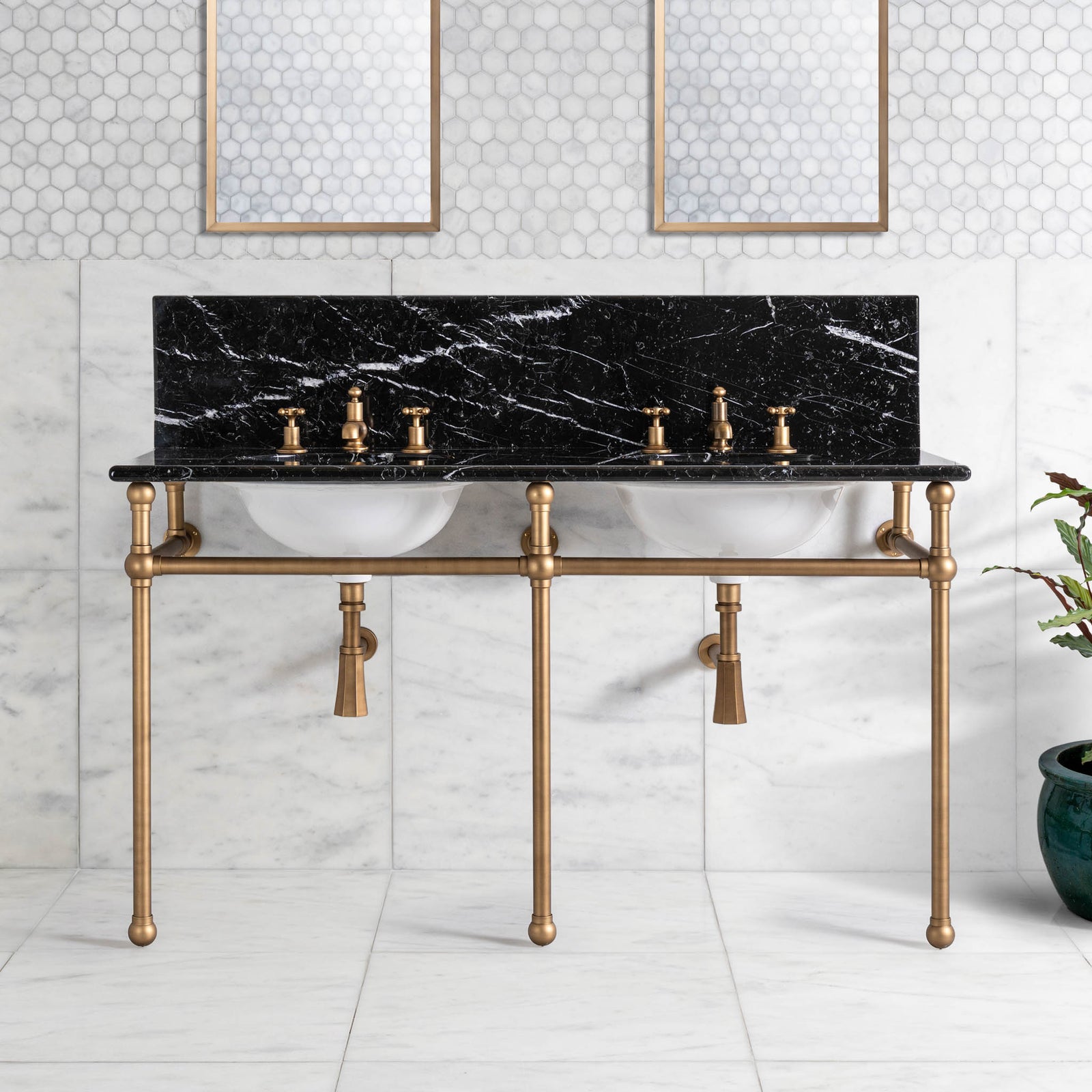 Bloomsbury Double Brass Console Bathroom Sink (Inc. Marble Top, Upstand & Sinks) - Rutland London (USA)