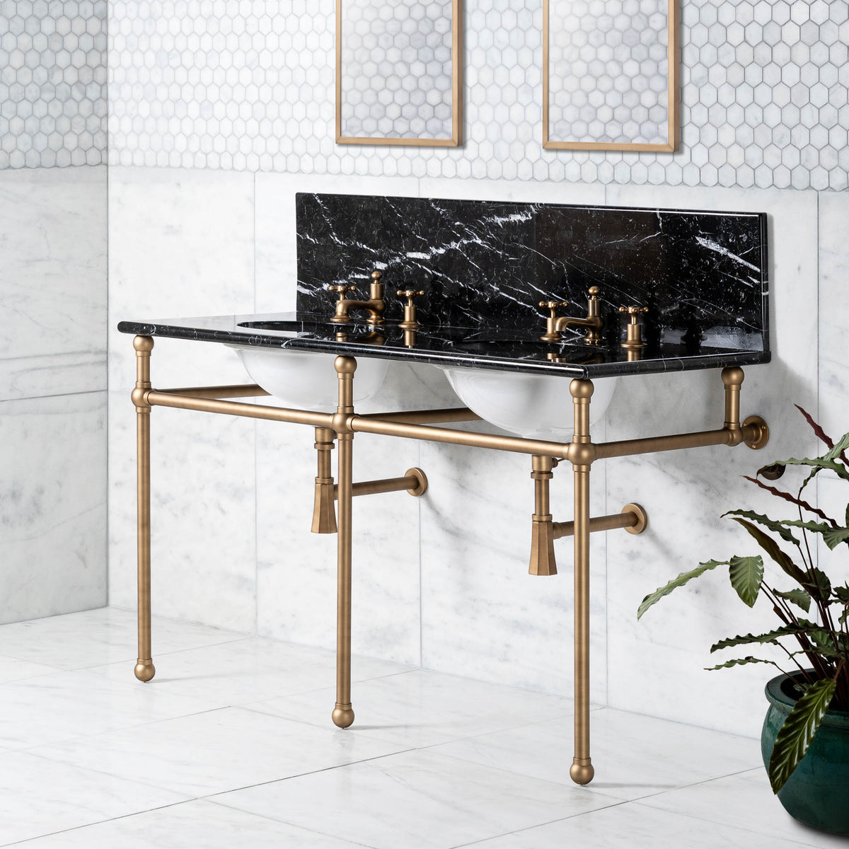 Bloomsbury Double Brass Console Bathroom Sink (Inc. Marble Top, Upstand & Sinks) - Rutland London (USA)