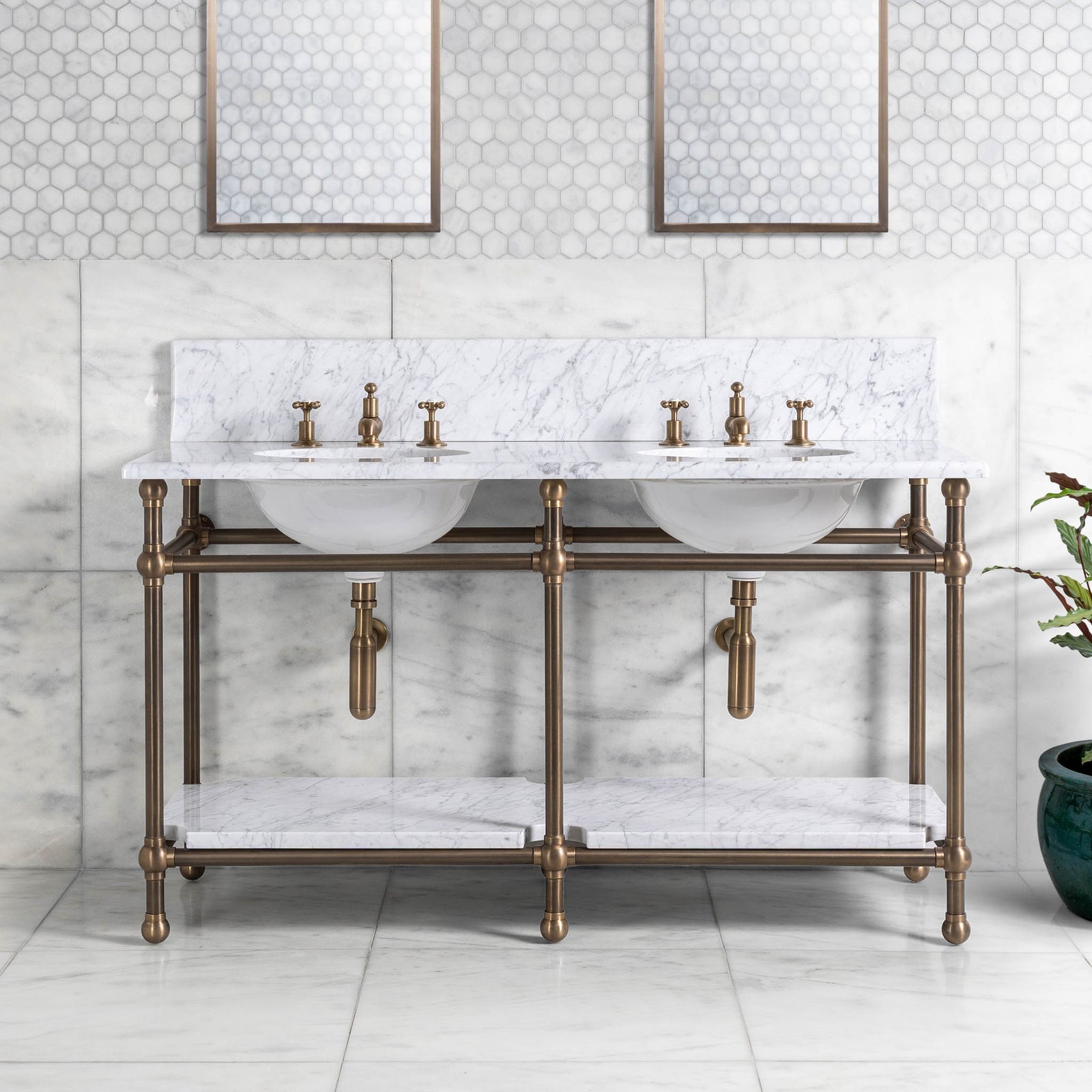 Ravenscourt Double Brass Console Bathroom Sink (Inc. Marble Top, Upstand, Shelf & Sinks) - Rutland London (USA)