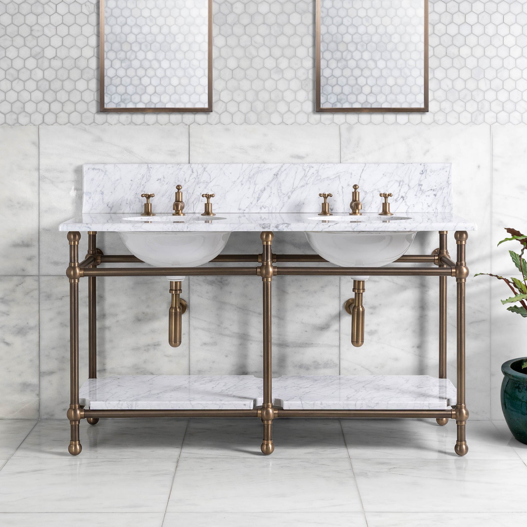 Ravenscourt Double Brass Console Bathroom Sink (Inc. Marble Top, Upstand, Shelf & Sinks) - Rutland London (USA)