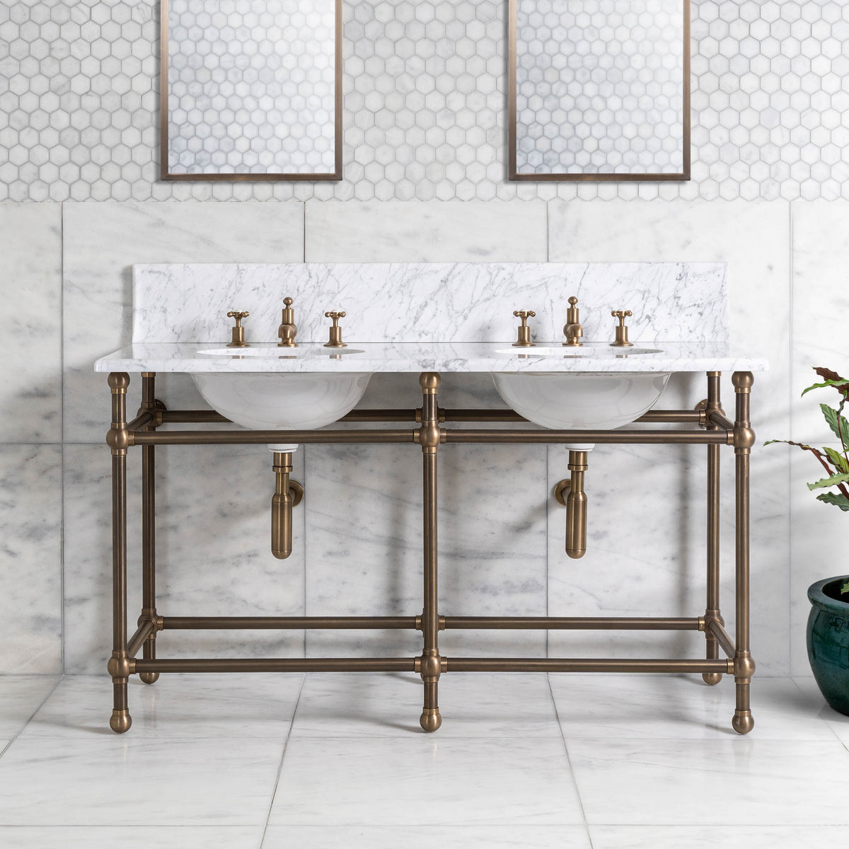 Regent Double Brass Console Bathroom Sink (Inc. Marble Top, Upstand & Sinks) - Rutland London (USA)