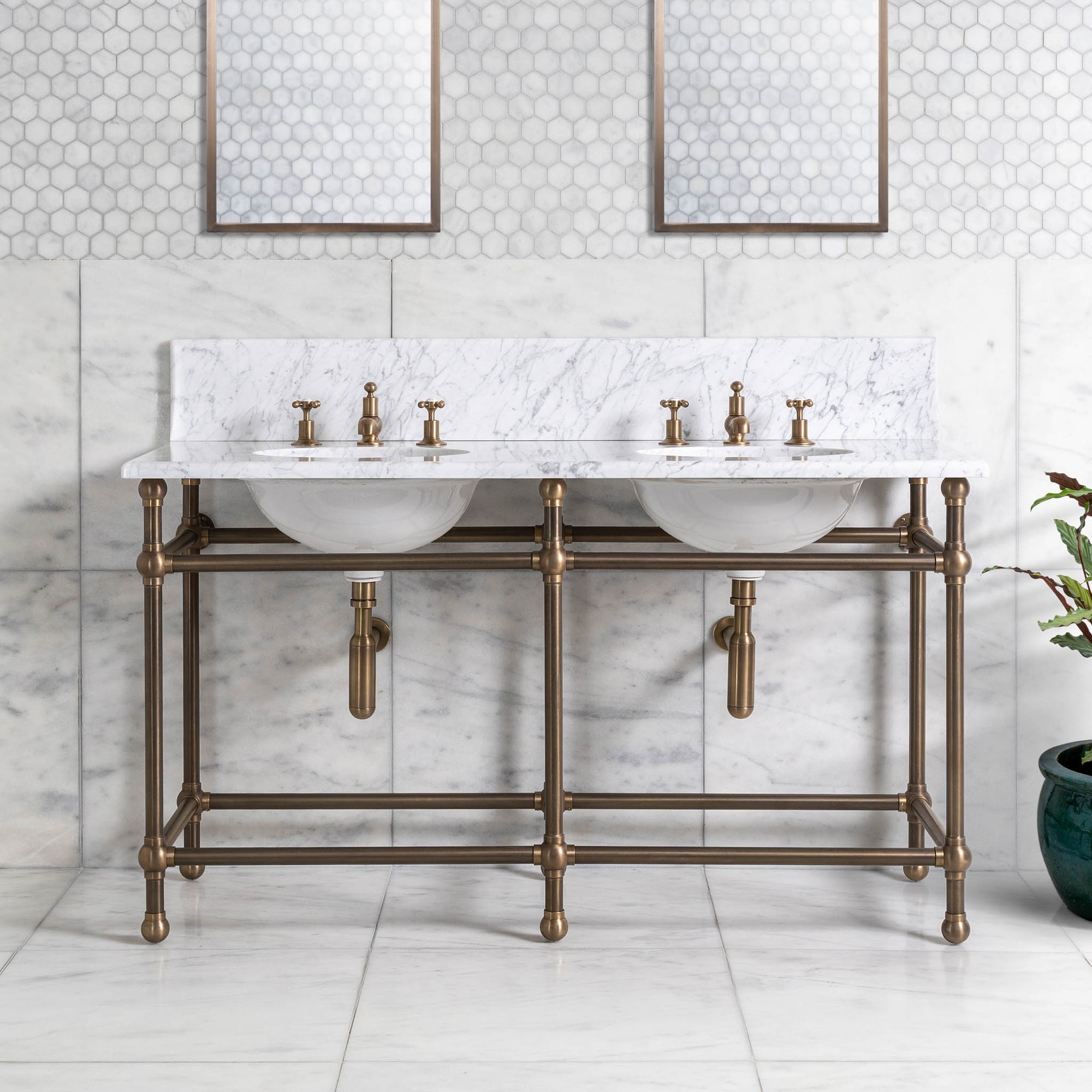 Regent Double Brass Console Bathroom Sink (Inc. Marble Top, Upstand & Sinks) - Rutland London (USA)