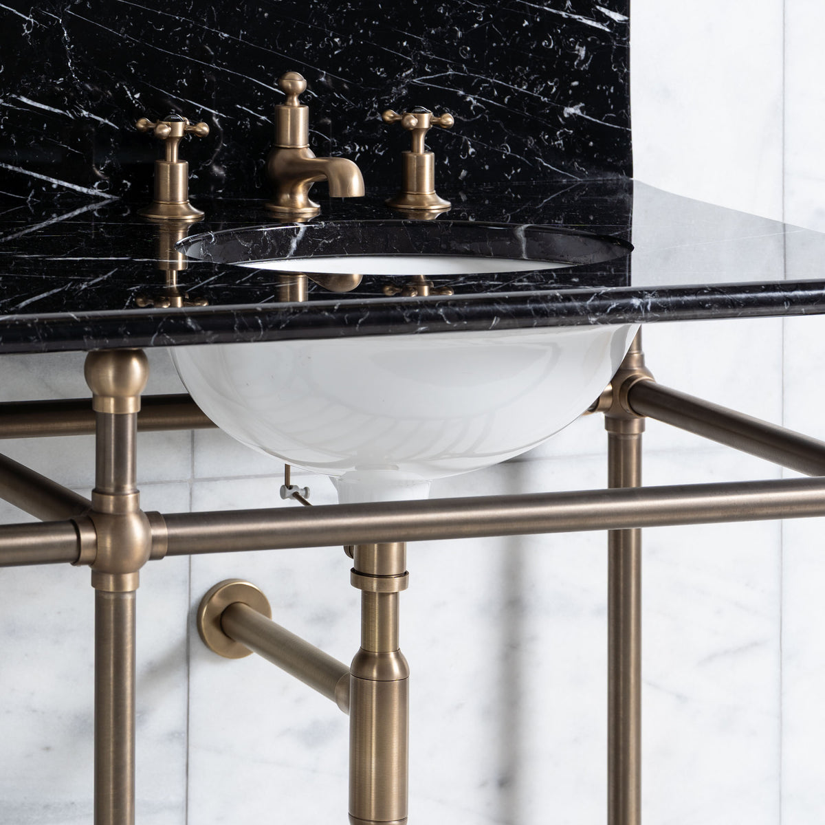 Westminster Double Brass Console Bathroom Sink (Inc. Marble Top, Upstand, Brass Rack & Sinks) - Rutland London (USA)
