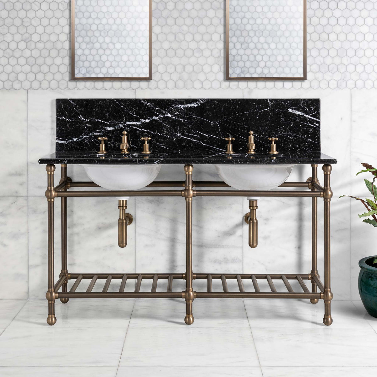 Westminster Double Brass Console Bathroom Sink (Inc. Marble Top, Upstand, Brass Rack & Sinks) - Rutland London (USA)