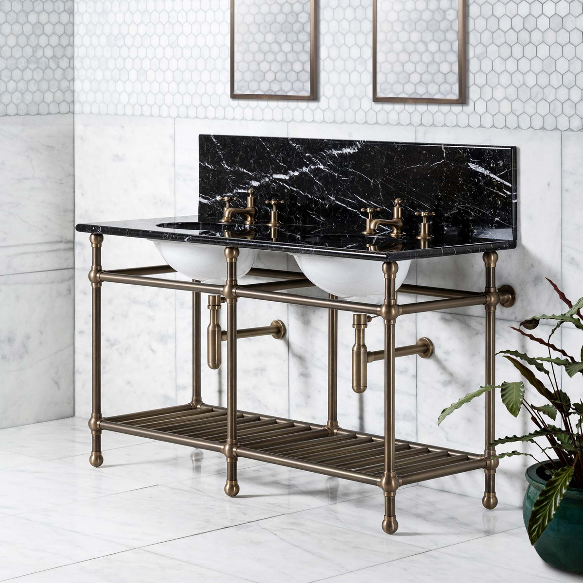 Westminster Double Brass Console Bathroom Sink (Inc. Marble Top, Upstand, Brass Rack & Sinks) - Rutland London (USA)