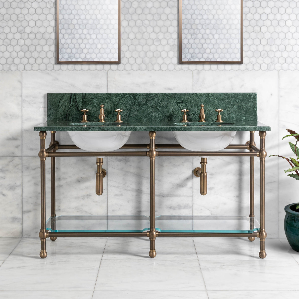 Colville Double Brass Console Bathroom Sink (Inc. Marble Top, Upstand, Glass Shelf & Sinks) - Rutland London (USA)