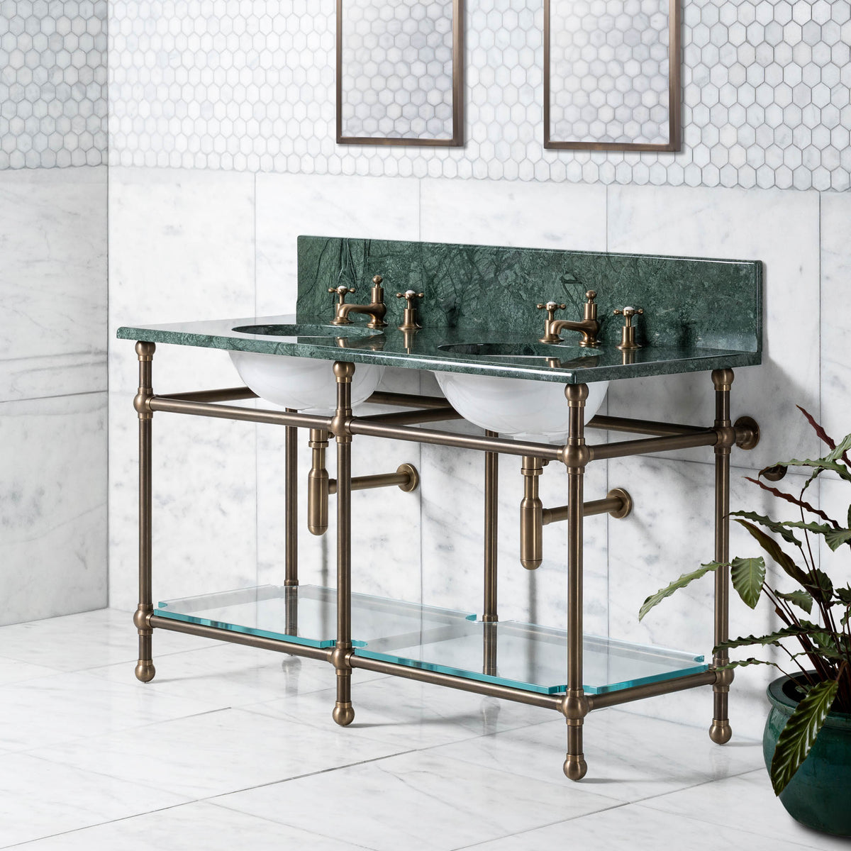 Colville Double Brass Console Bathroom Sink (Inc. Marble Top, Upstand, Glass Shelf & Sinks) - Rutland London (USA)