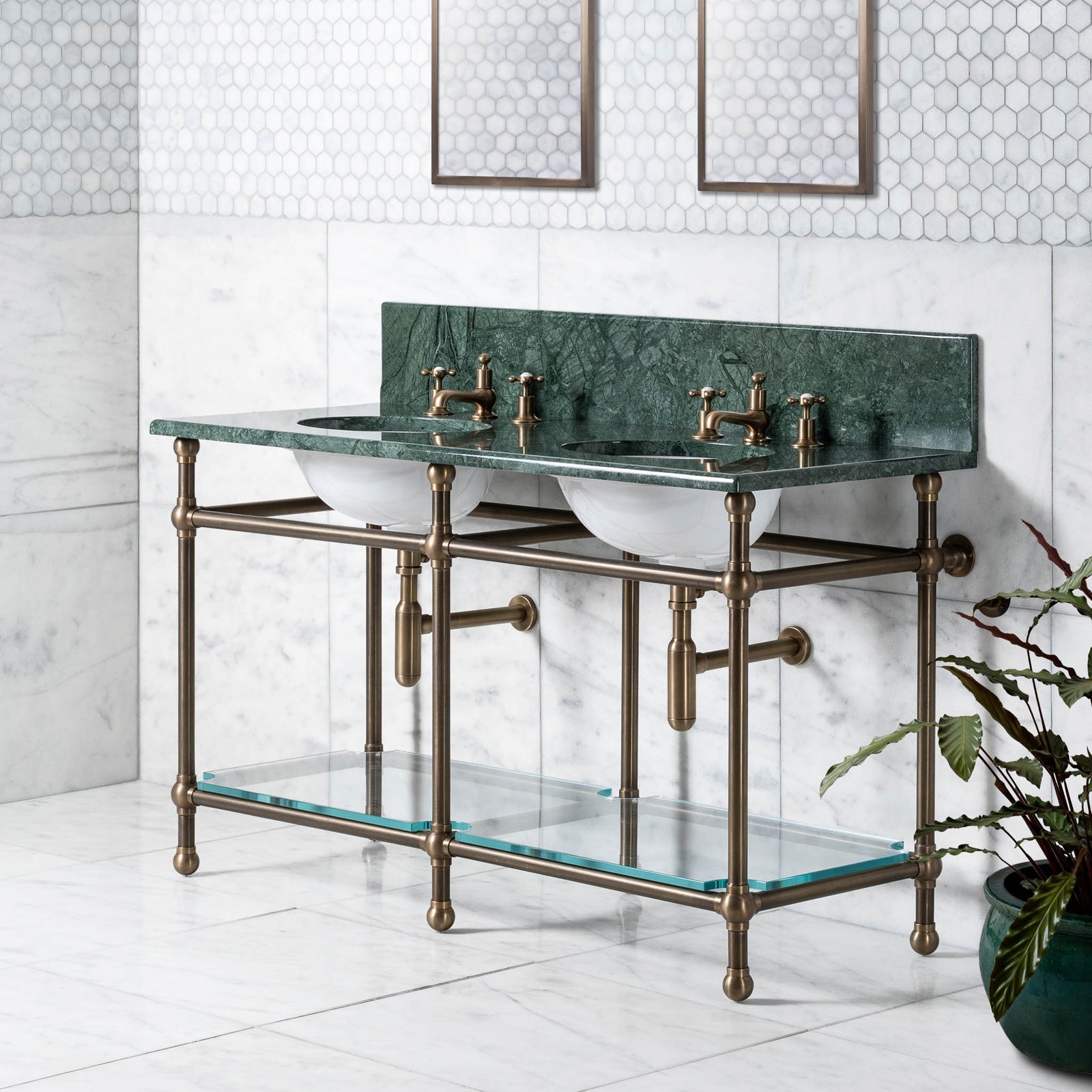 Colville Double Brass Console Bathroom Sink (Inc. Marble Top, Upstand, Glass Shelf & Sinks) - Rutland London (USA)