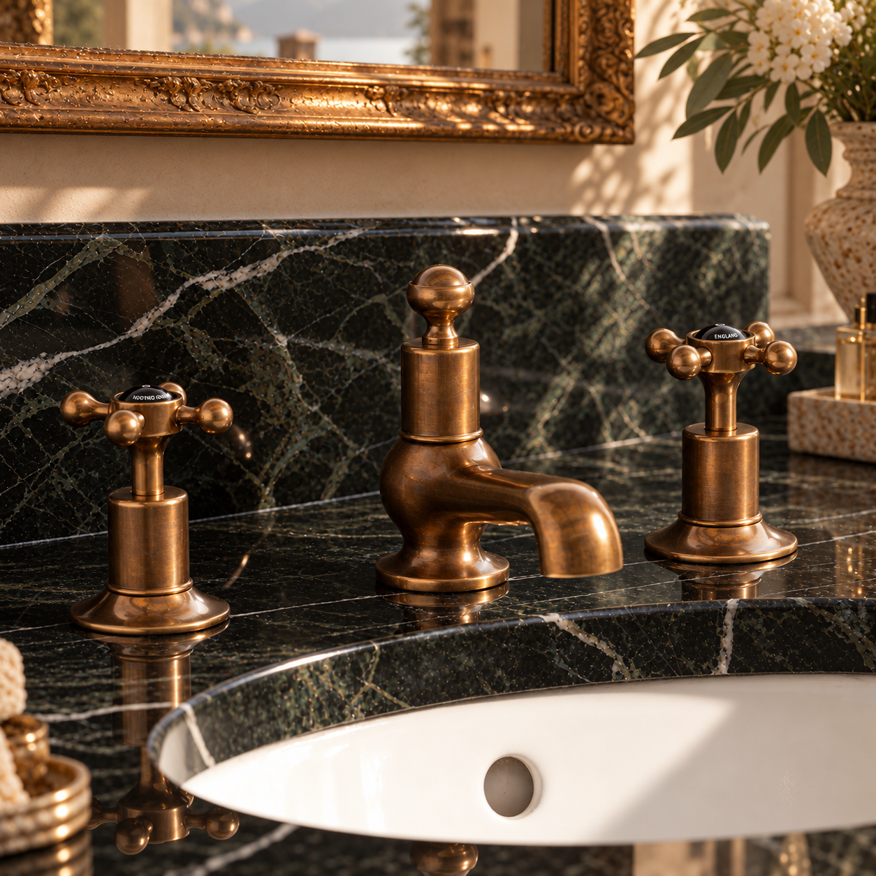 Badminton Black Ceramic Cross Handle Three Hole Bathroom Sink Faucet - Rutland London (USA)