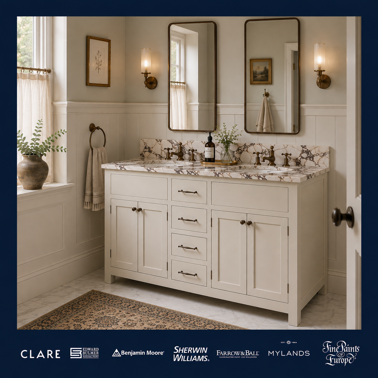 Blenheim Painted Bathroom Vanity (Inc. Marble Top, Upstand & 2no Sinks) - Rutland London (USA)