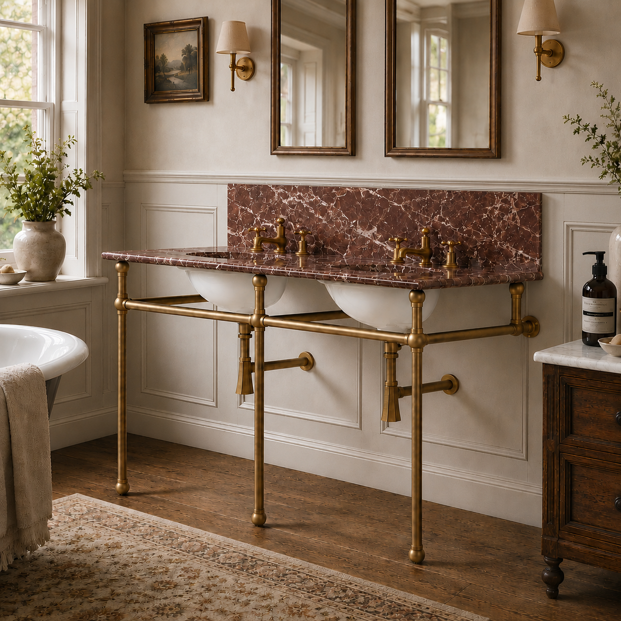 Bloomsbury Double Brass Console Bathroom Sink (Inc. Marble Top, Upstand & Sinks) - Rutland London (USA)
