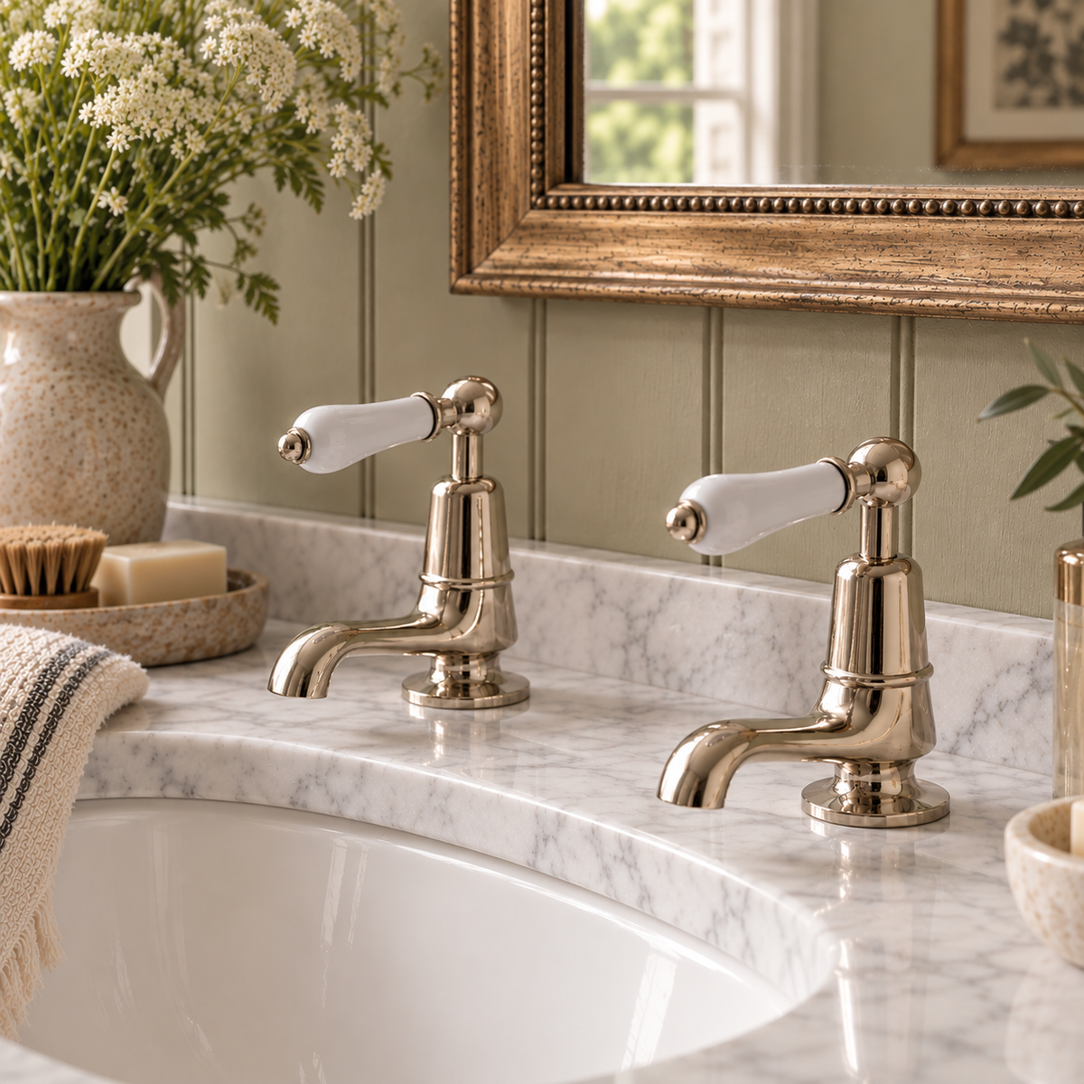 Brunswick White Ceramic Lever Single Hole Pillar Tap Bathroom Sink Faucets (Pair) - Rutland London (USA)