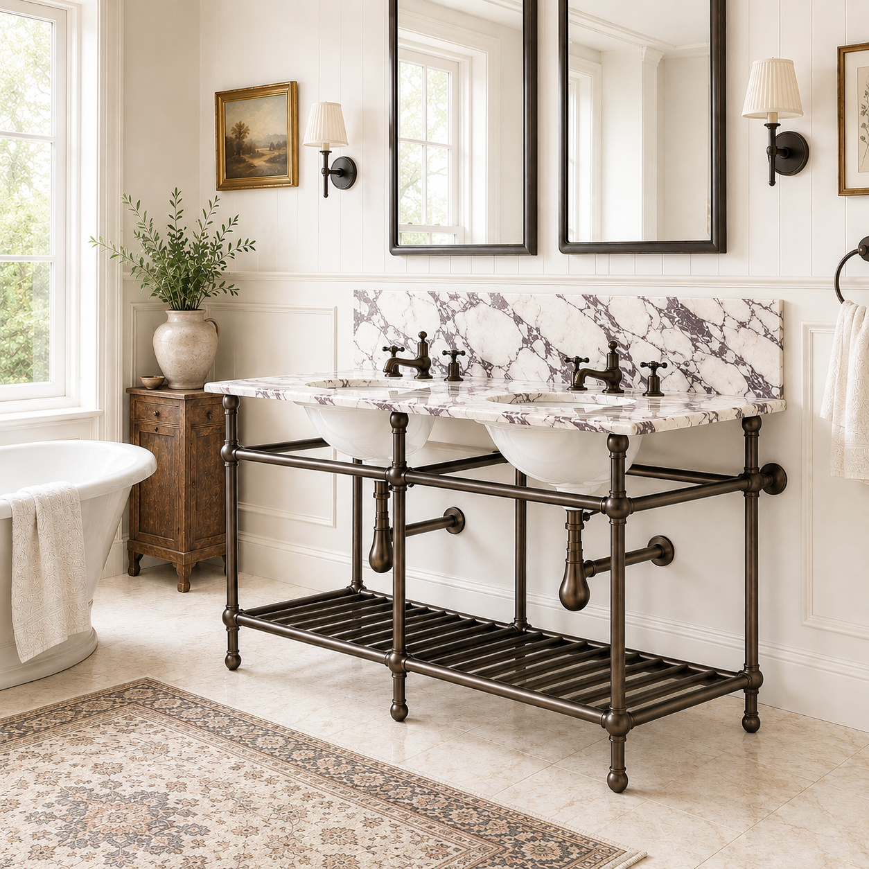 Cadogan Double Brass Console Bathroom Sink (Inc. Marble Top, Upstand, Brass Rack & Sinks) - Rutland London (USA)