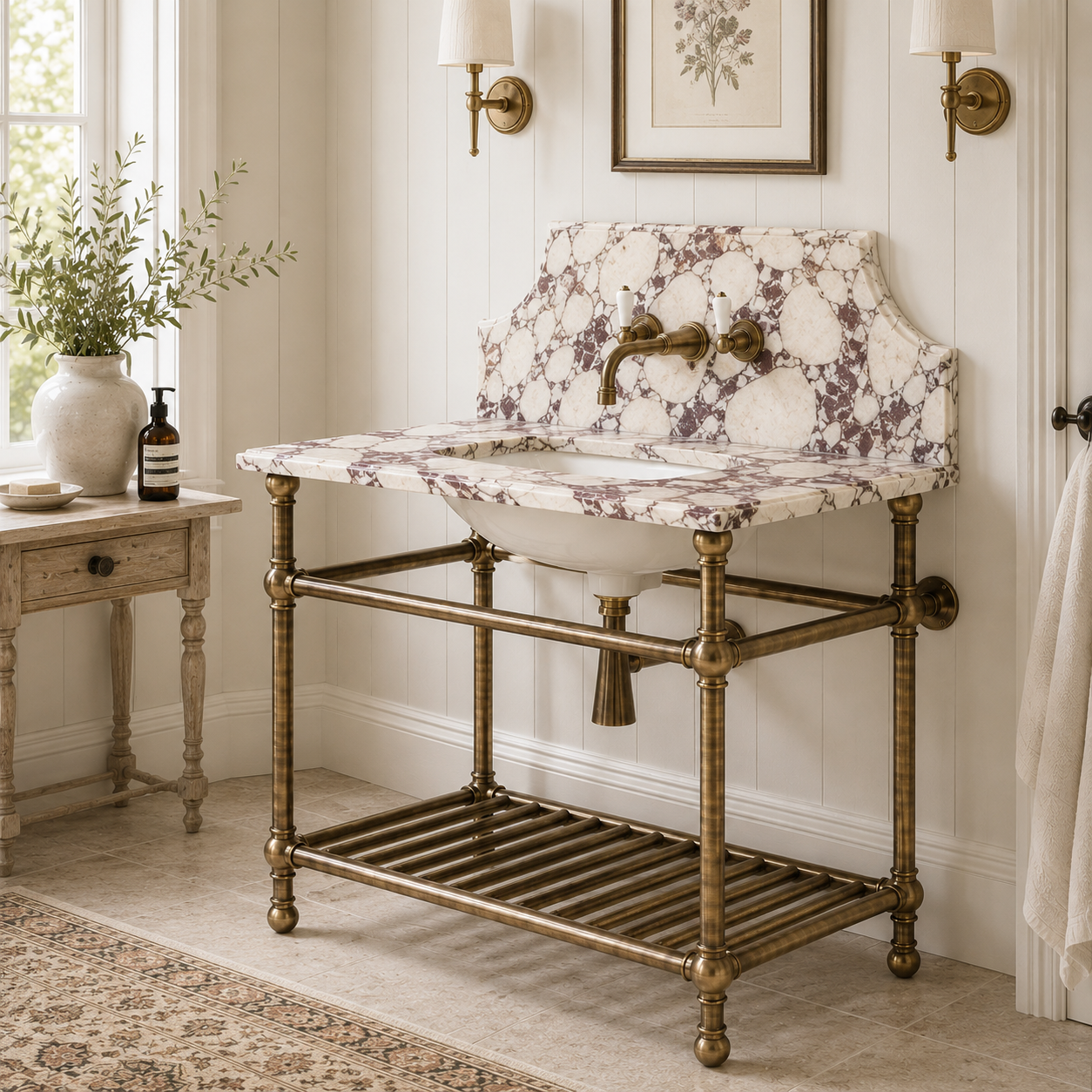 Cadogan Single Brass Console Bathroom Sink (Inc. Marble Top, Upstand, Brass Rack & Sink) - Rutland London (USA)
