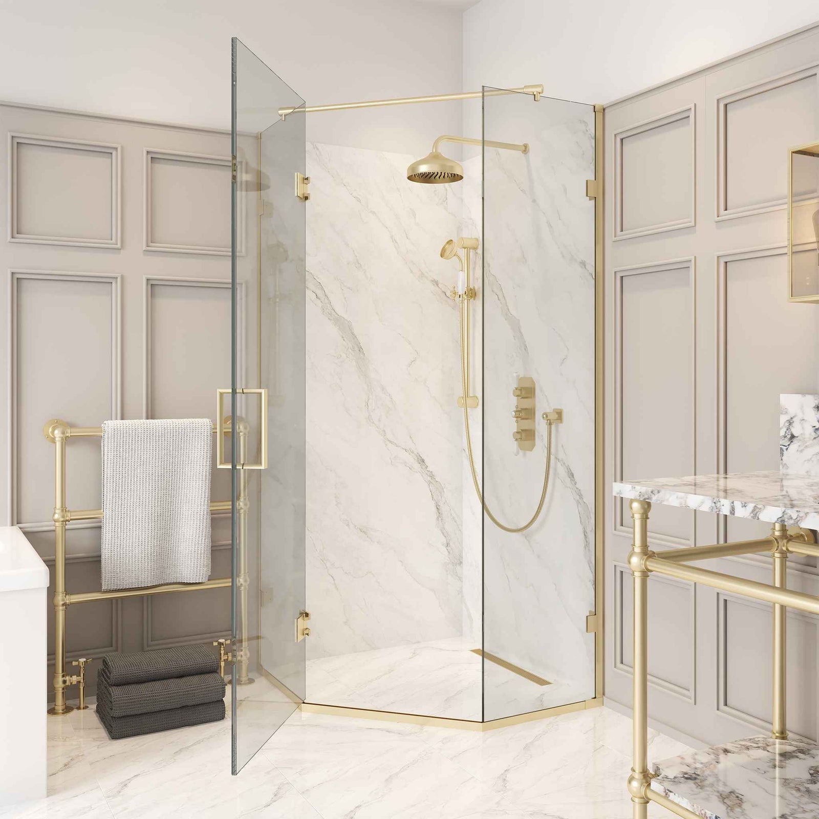 Talisman Semi-Frameless Brass Pentangle Shower Enclosure Componentry Kit (Excluding Glass) - Rutland London (USA)