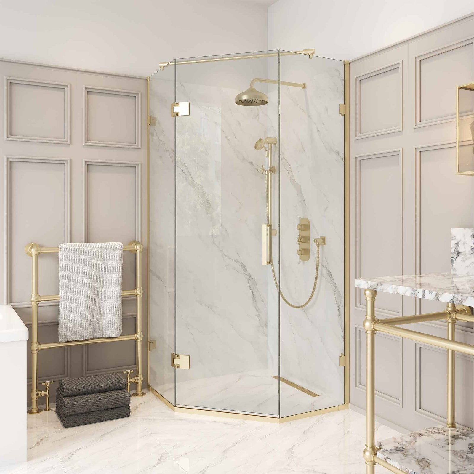 Talisman Semi-Frameless Brass Pentangle Shower Enclosure Componentry Kit (Excluding Glass) - Rutland London (USA)