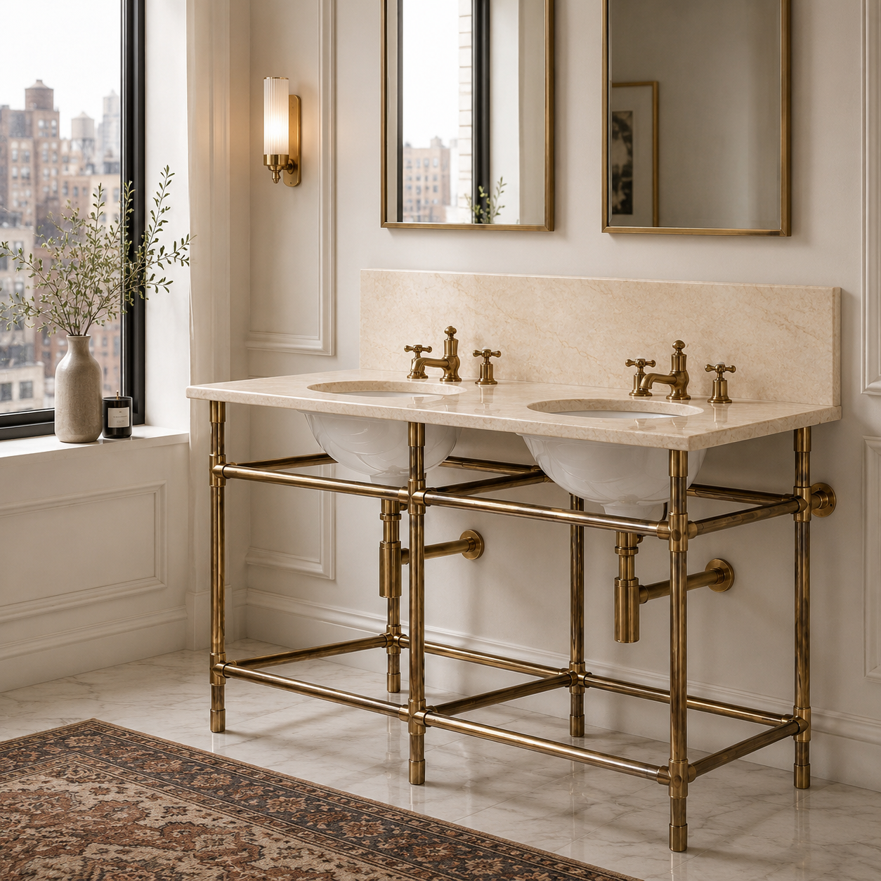 Camden Double Brass Console Bathroom Sink (Inc. Marble Top, Upstand & Sinks) - Rutland London (USA)