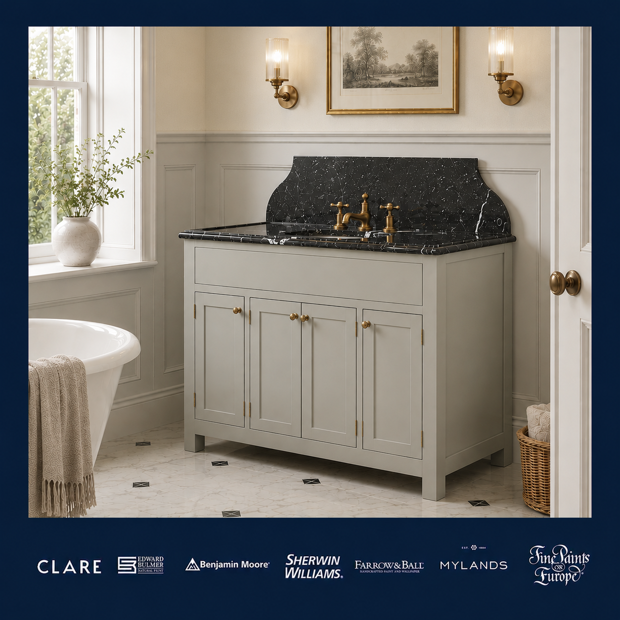 Charterhouse Painted Bathroom Vanity (Inc. Marble Top, Upstand & Sink) (Copy) - 47.00 (W) x 33.00 (H) x 24.00 (D) - Double Sink - Carrara - Sherwin Williams