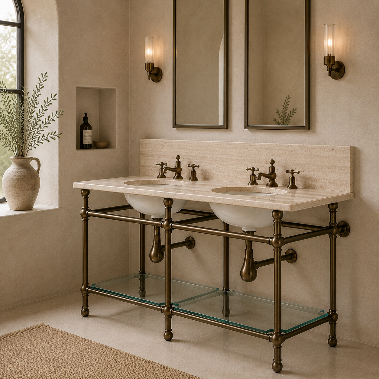 Coleridge Double Brass Console Bathroom Sink (Inc. Marble Top, Upstand, Glass Shelf & Sinks) - Rutland London (USA)