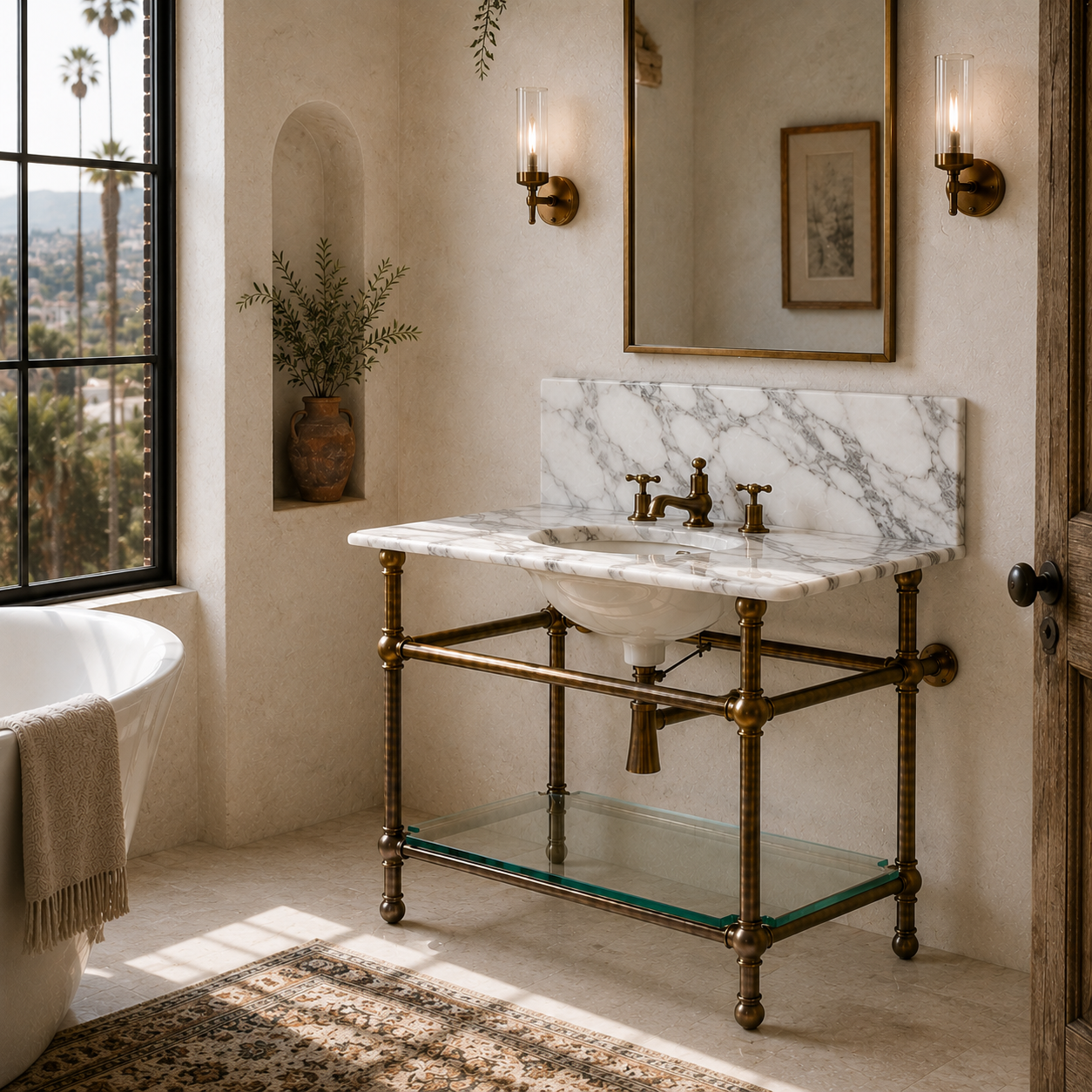 Coleridge Single Brass Console Bathroom Sink (Inc. Marble Top, Upstand, Glass Shelf & Sink) - Rutland London (USA)