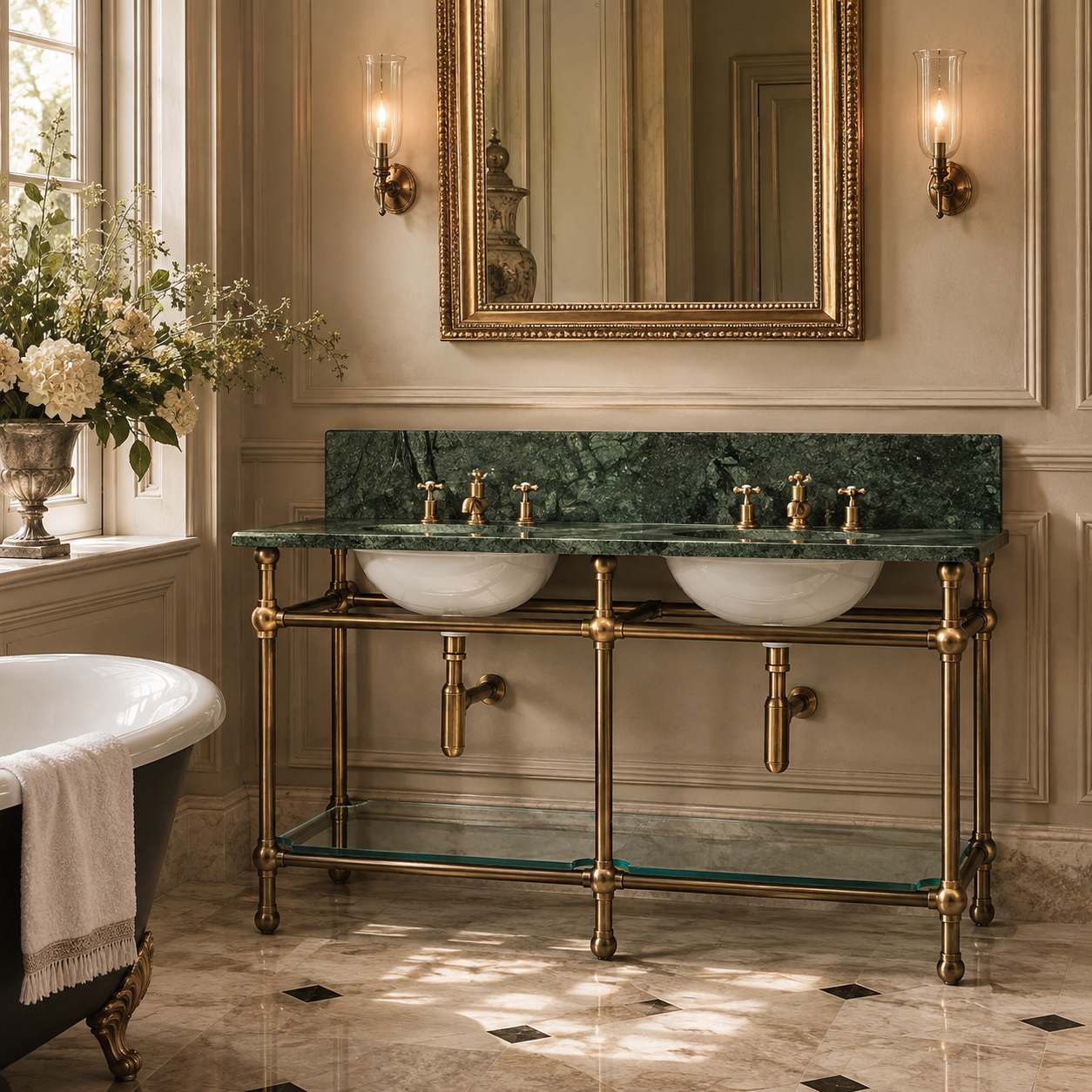 Colville Double Brass Console Bathroom Sink (Inc. Marble Top, Upstand, Glass Shelf & Sinks) - Rutland London (USA)
