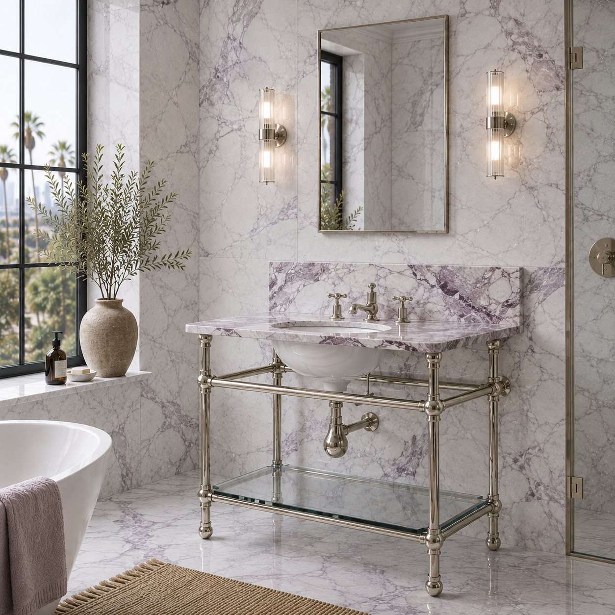 Colville Single Brass Console Bathroom Sink (Inc. Marble Top, Upstand, Glass Shelf & Sink) - Rutland London (USA)