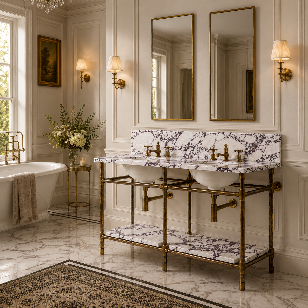 Franklin Double Brass Console Bathroom Sink (Inc. Marble Top, Upstand, Shelf & Sinks) - Rutland London (USA)