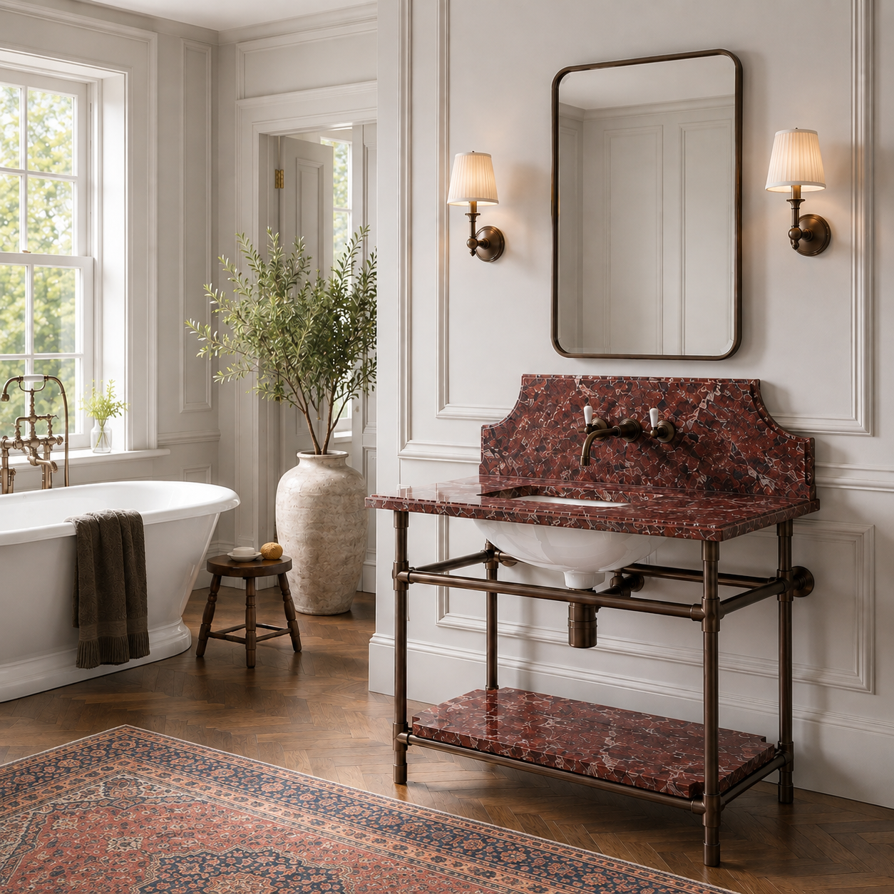Franklin Single Brass Console Bathroom Sink (Inc. Marble Top, Upstand, Shelf & Sink) - Rutland London (USA)