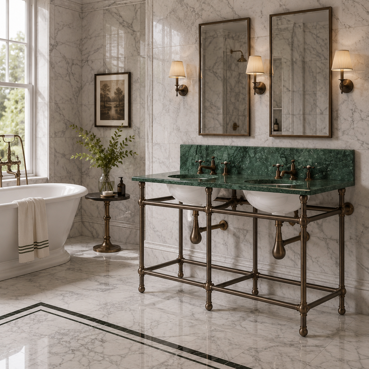 Lloyd Double Brass Console Bathroom Sink (Inc. Marble Top, Upstand & Sinks) - Rutland London (USA)