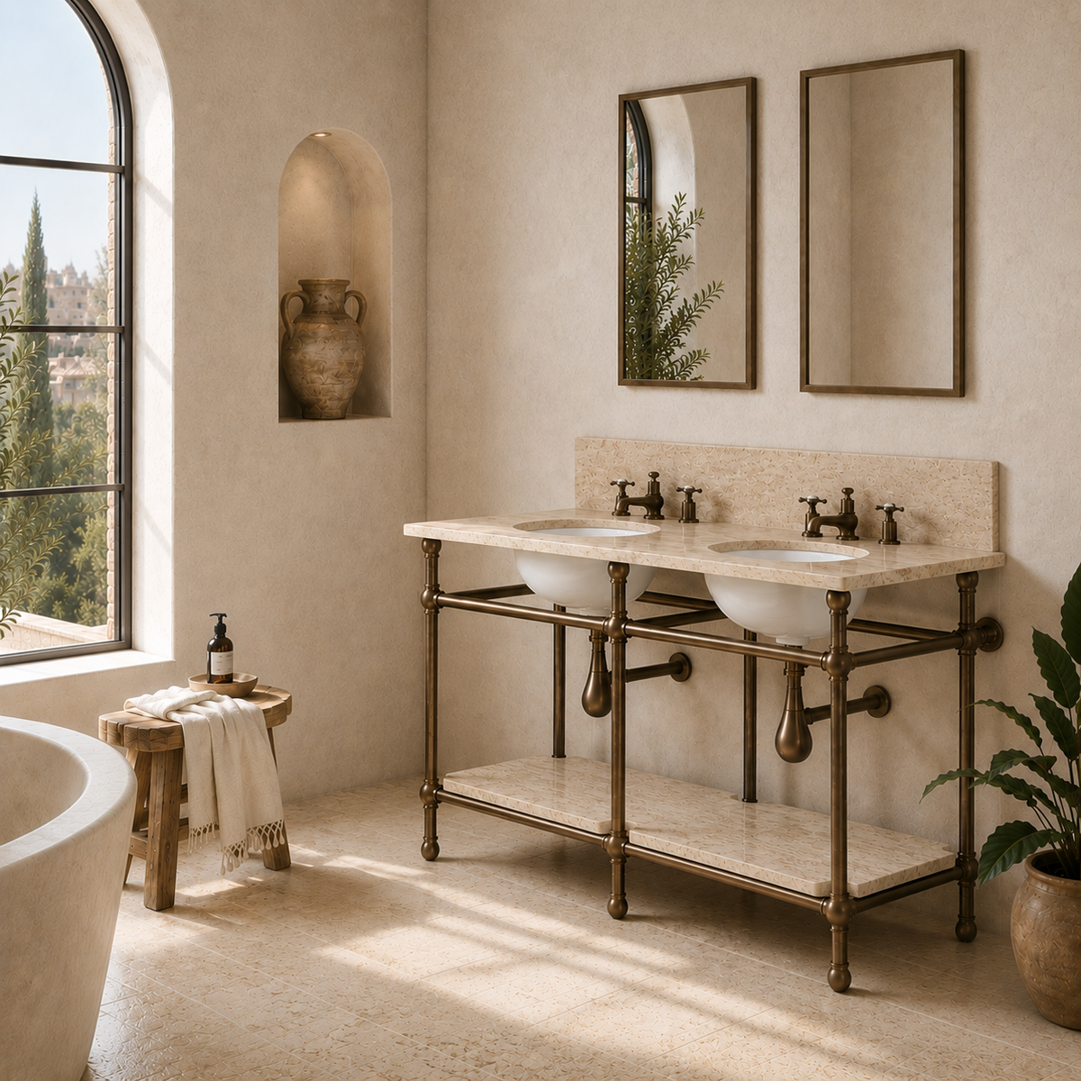 Nevern Double Brass Console Bathroom Sink (Inc. Marble Top, Upstand, Shelf & Sinks) - Rutland London (USA)