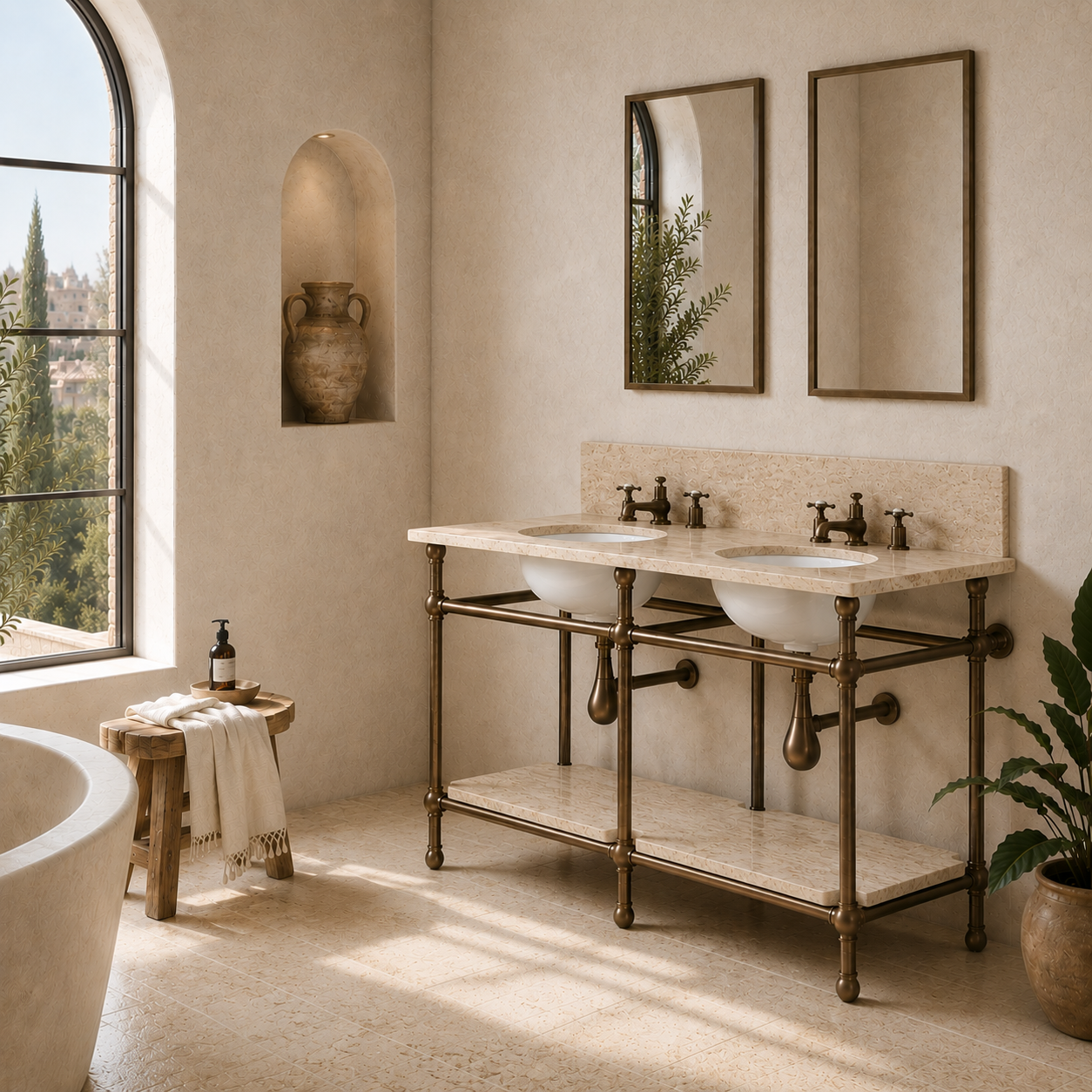 Nevern Double Brass Console Bathroom Sink (Inc. Marble Top, Upstand, Shelf & Sinks) - Rutland London (USA)