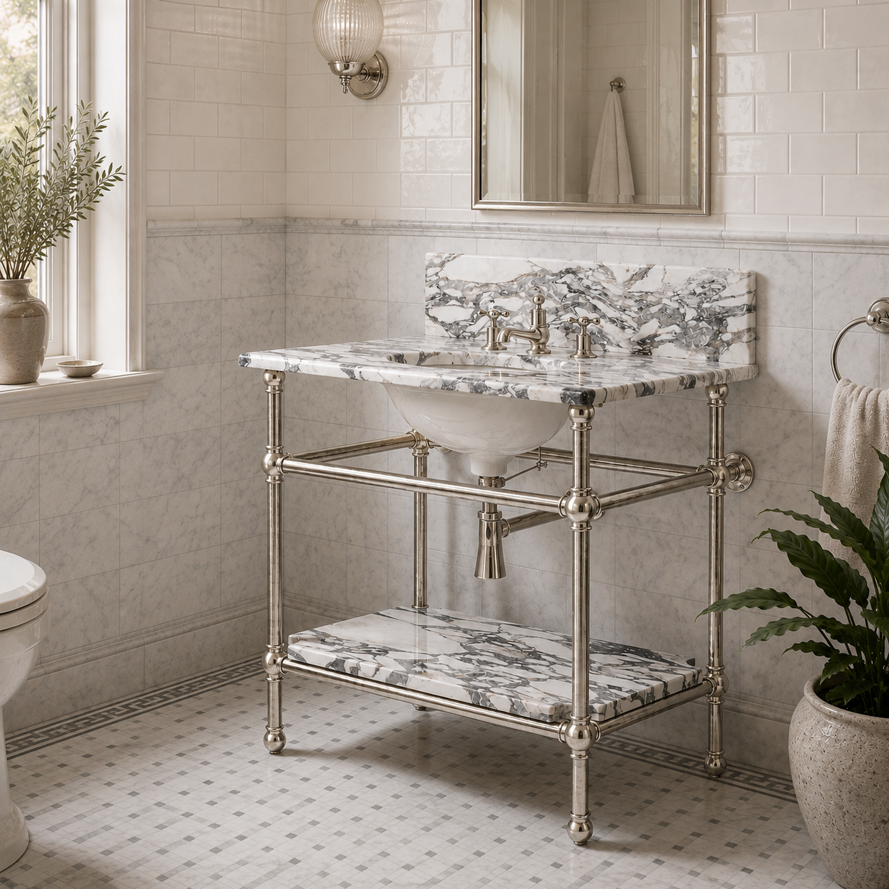 Nevern Single Brass Console Bathroom Sink (Inc. Marble Top, Upstand, Shelf & Sink) - Rutland London (USA)