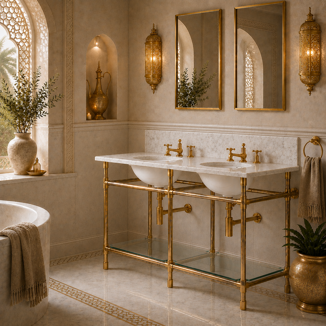 Orchard Double Brass Console Bathroom Sink (Inc. Marble Top, Upstand, Glass Shelf & Sinks) - Rutland London (USA)