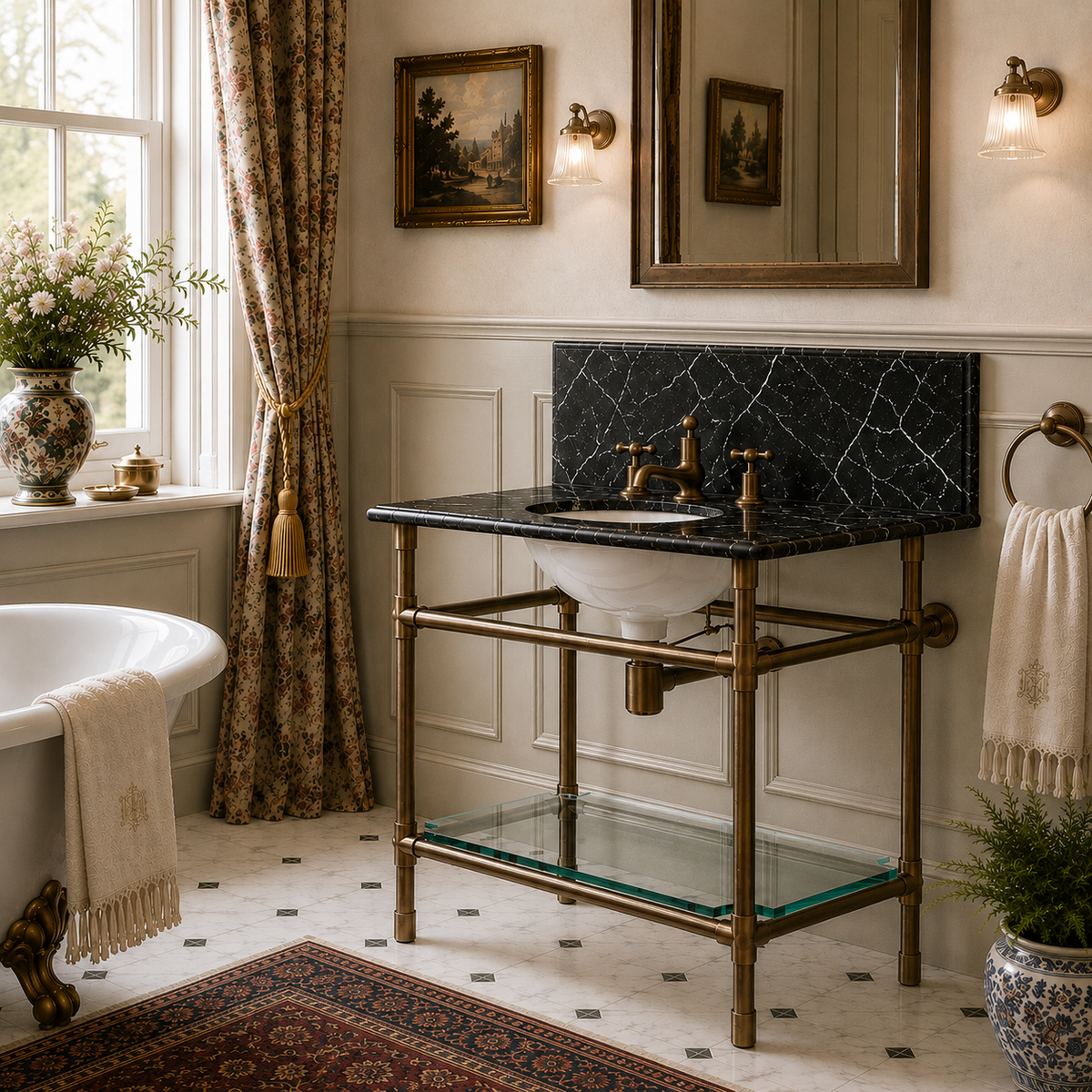 Orchard Single Brass Console Bathroom Sink (Inc. Marble Top, Upstand, Glass Shelf & Sink) - Rutland London (USA)