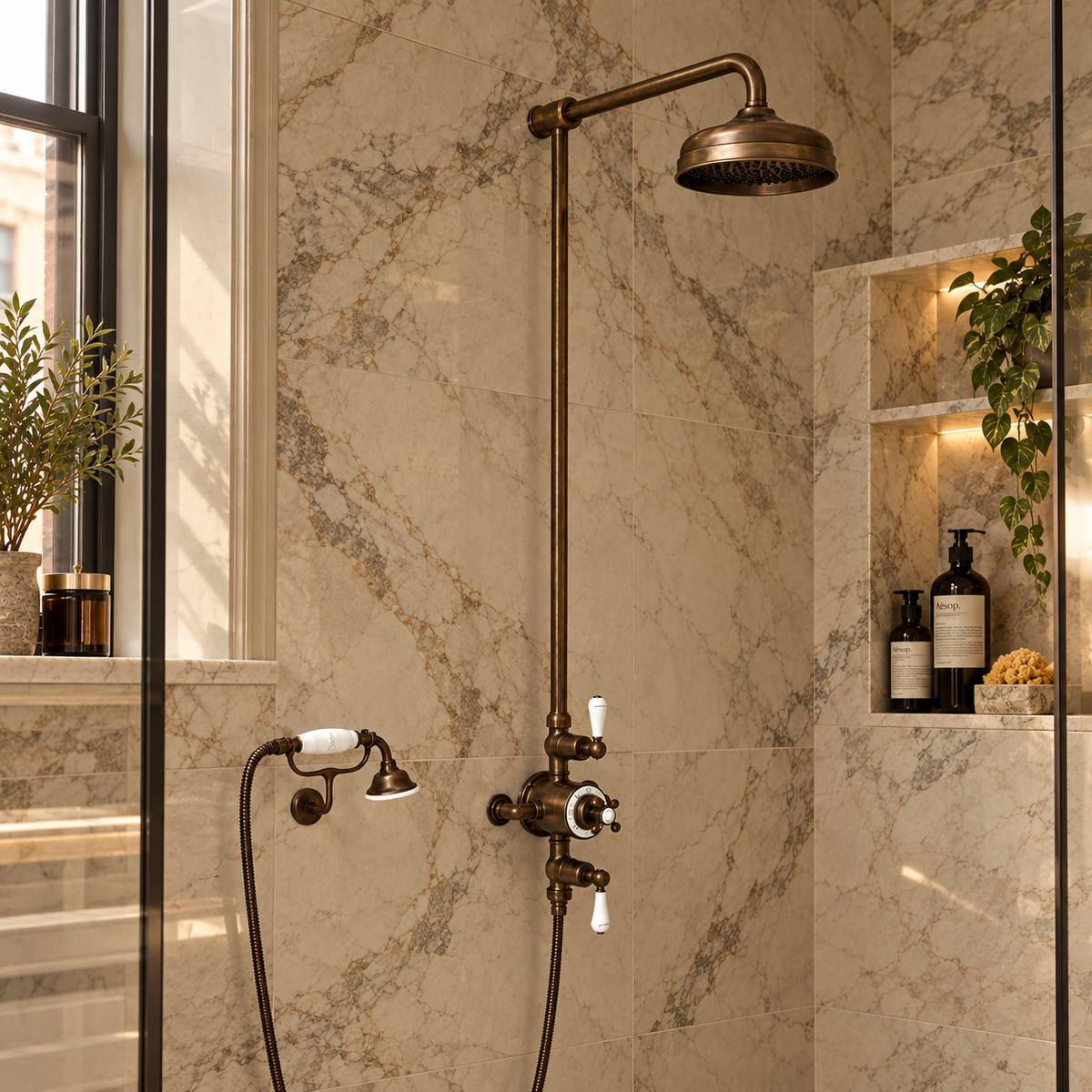 Overton White Ceramic Lever & Cleaver Telephone Handset Exposed Pipe Thermostatic Shower Set - Rutland London (USA)