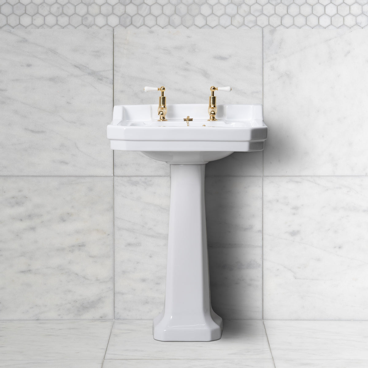Lancer White Pedestal Bathroom Sink (2 Faucet Hole) - Rutland London (USA)