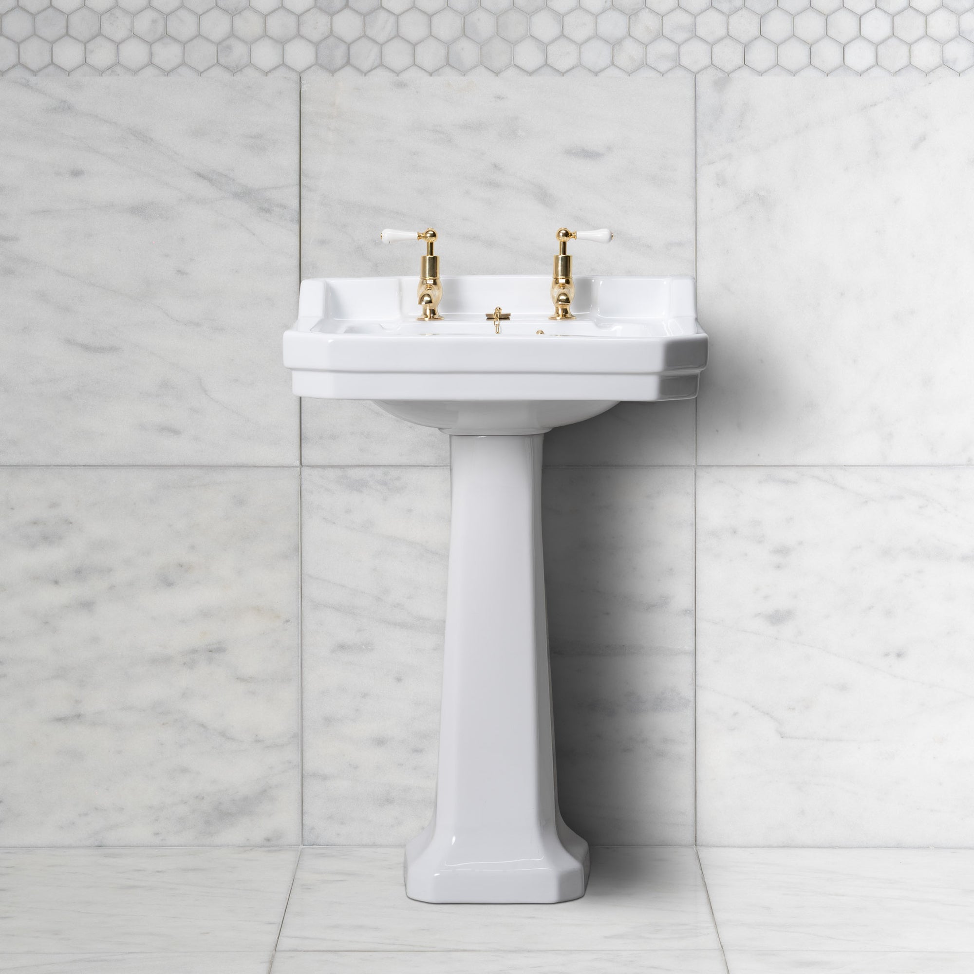Lancer White Pedestal Bathroom Sink (2 Faucet Hole) - Rutland London (USA)