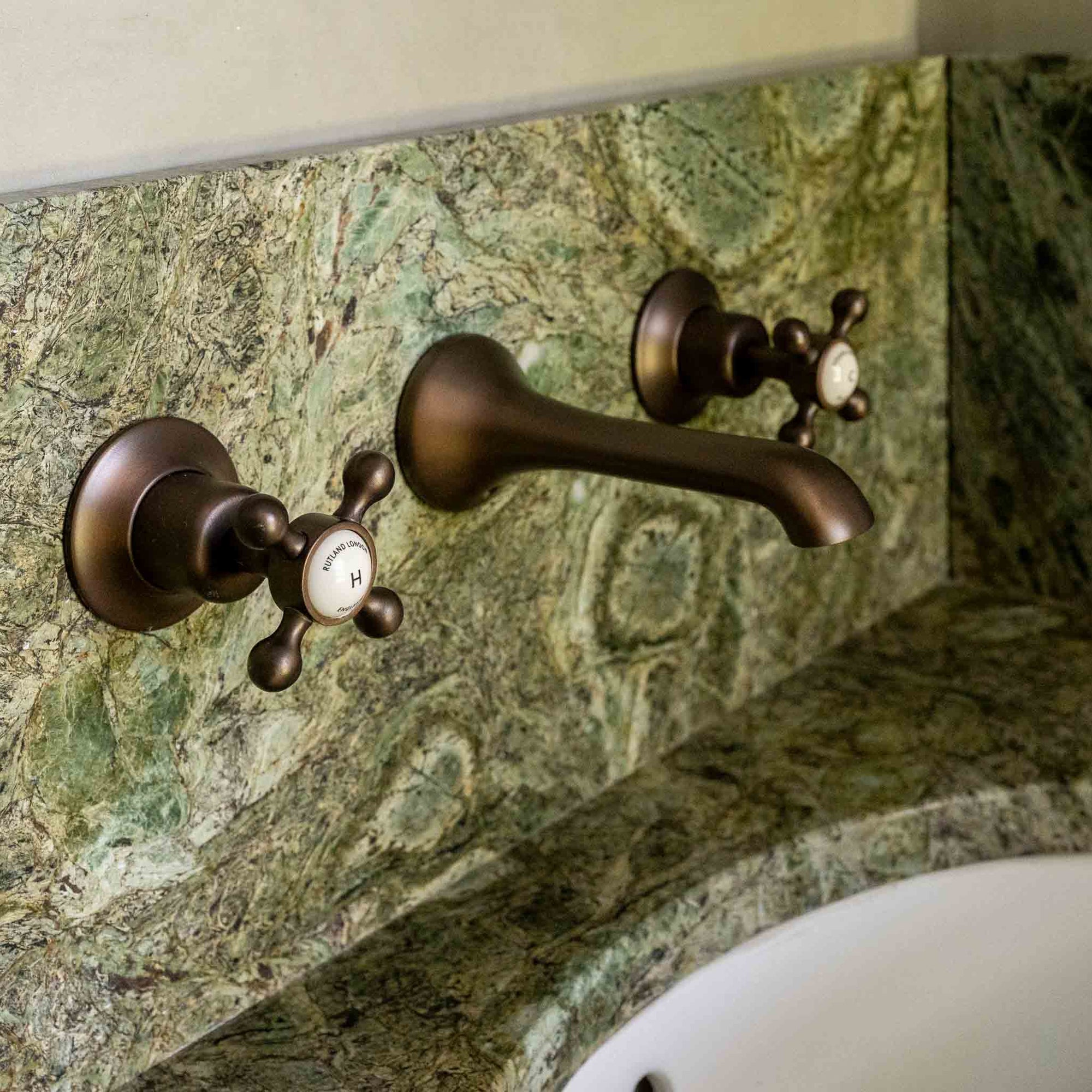 Norton White Ceramic Cross Handle Wall Mount Three Hole Bathroom Sink Faucet - Rutland London (USA)