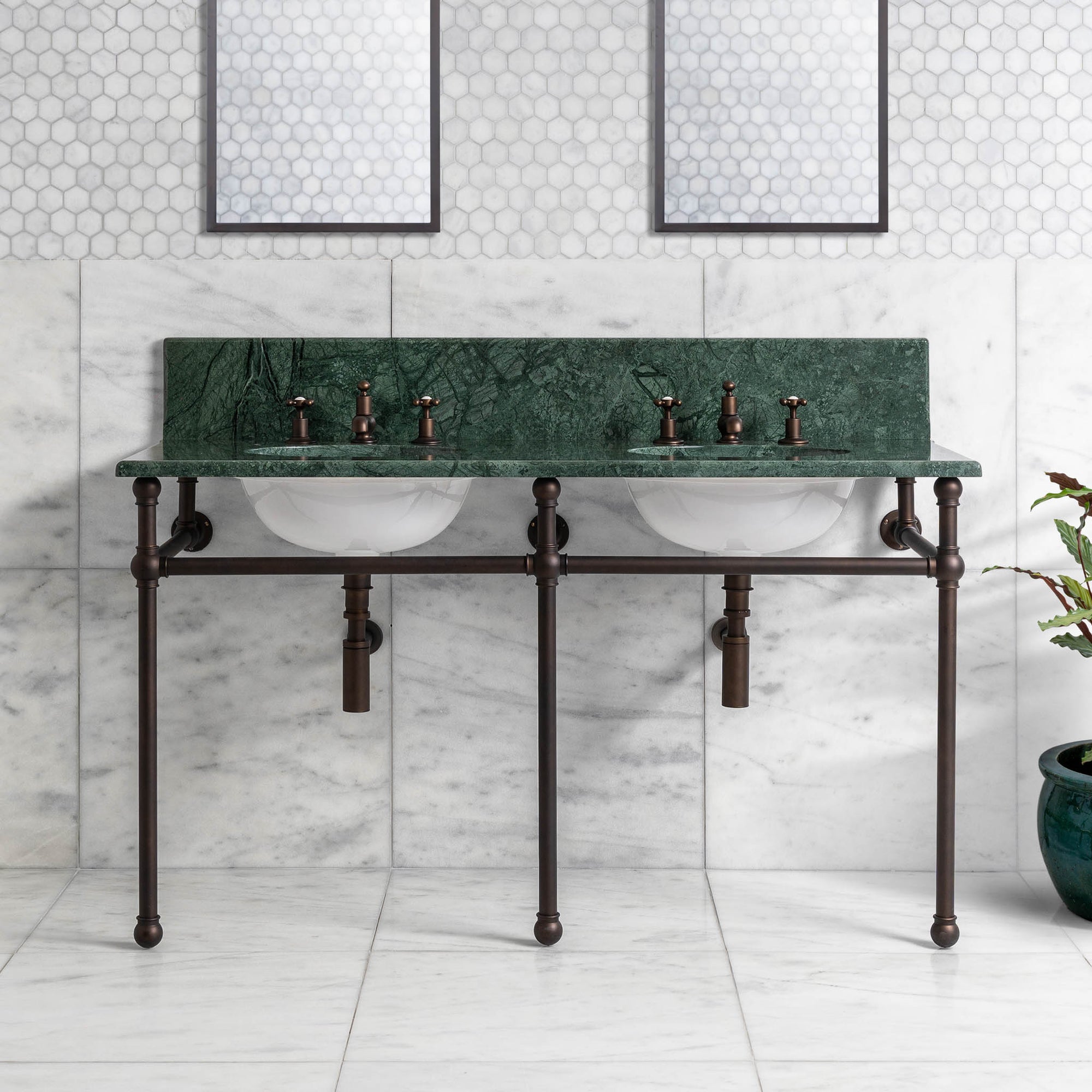 Reliance Double Brass Console Bathroom Sink (Inc. Marble Top, Upstand & Sinks) - Rutland London (USA)