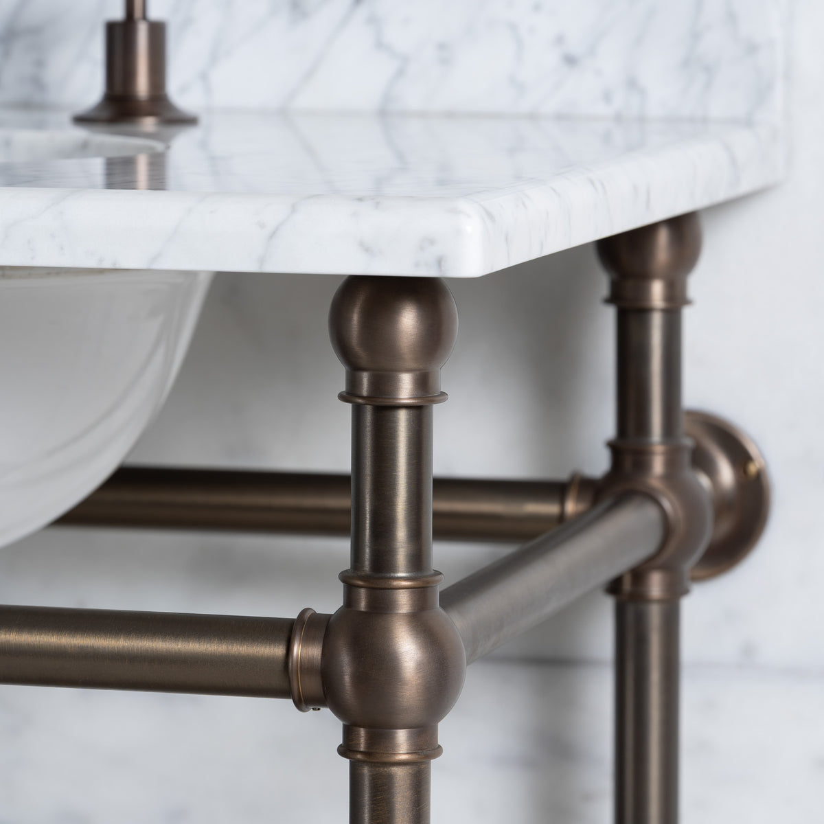 Cadogan Double Brass Console Bathroom Sink (Inc. Marble Top, Upstand, Brass Rack & Sinks) - Rutland London (USA)