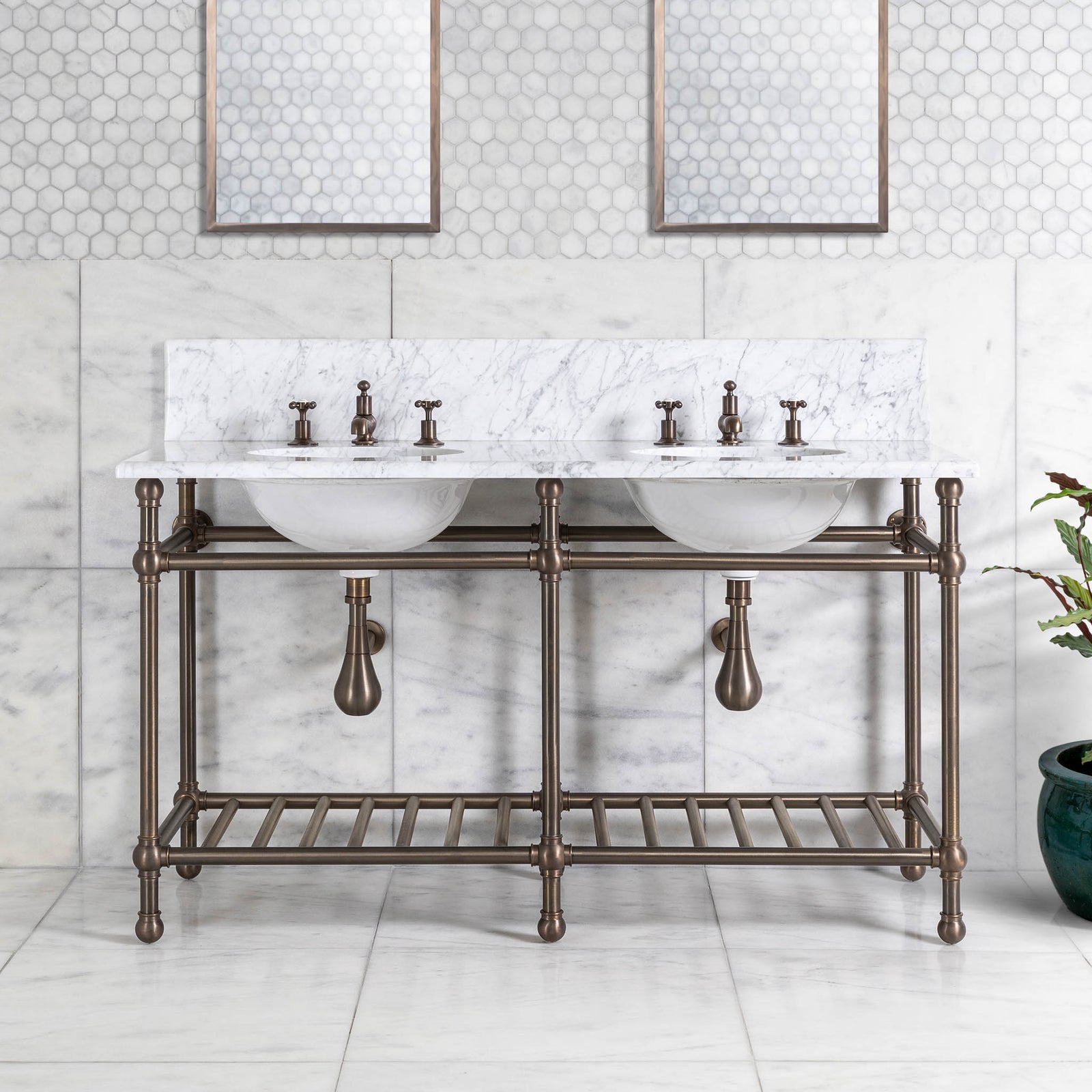 Cadogan Double Brass Console Bathroom Sink (Inc. Marble Top, Upstand, Brass Rack & Sinks) - Rutland London (USA)