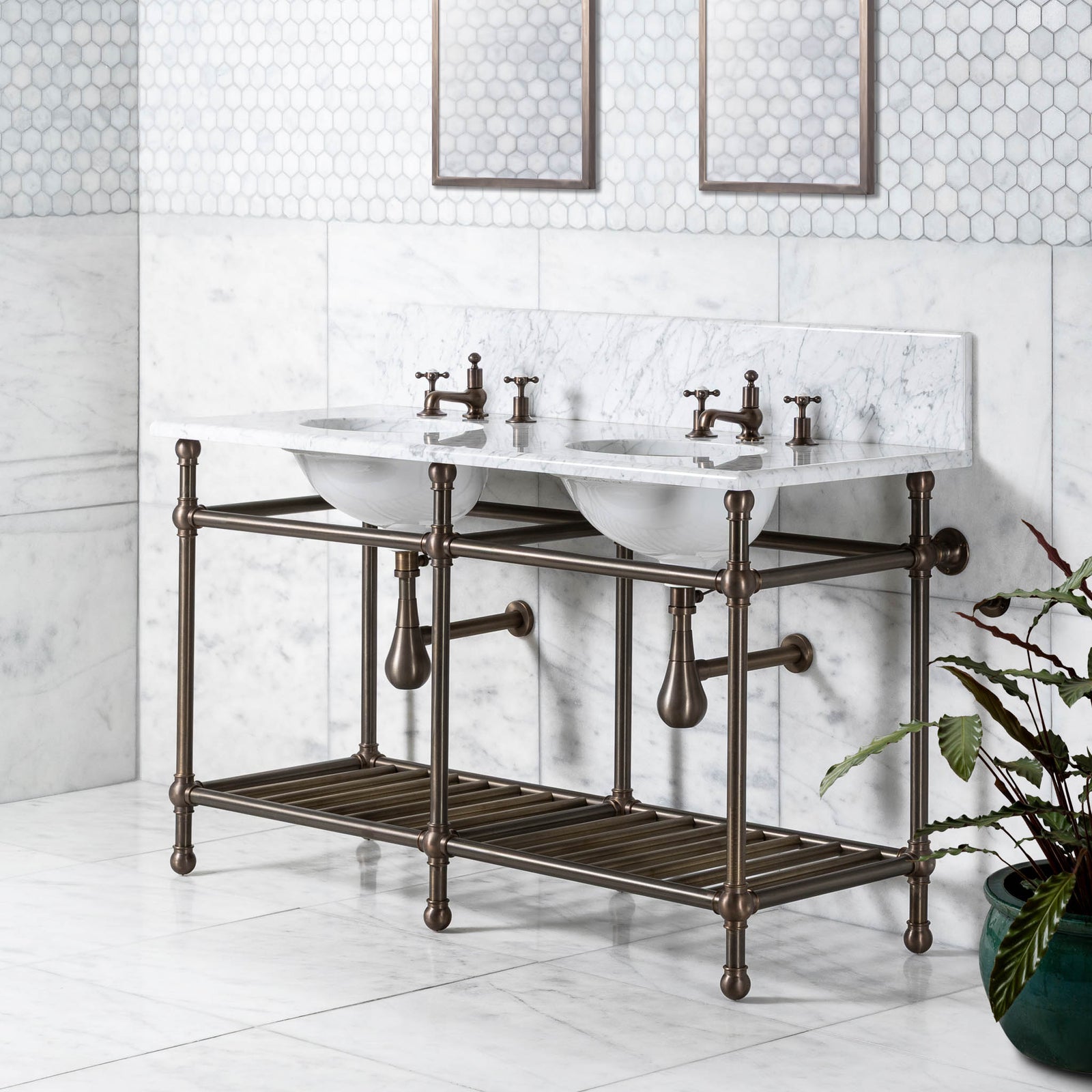 Cadogan Double Brass Console Bathroom Sink (Inc. Marble Top, Upstand, Brass Rack & Sinks) - Rutland London (USA)