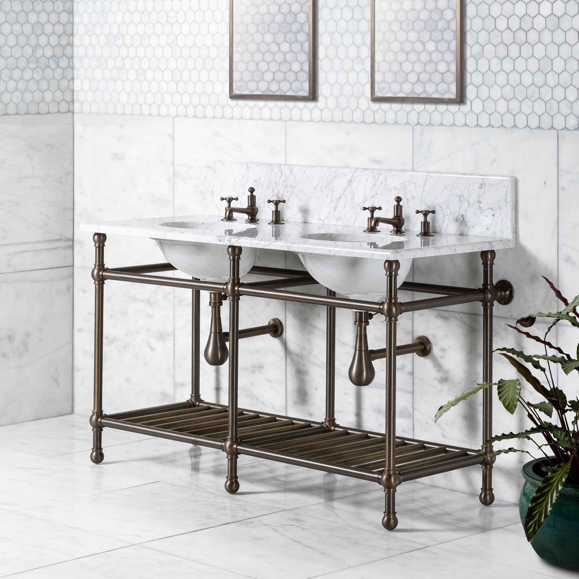 Cadogan Double Brass Console Bathroom Sink (Inc. Marble Top, Upstand, Brass Rack & Sinks) - Rutland London (USA)