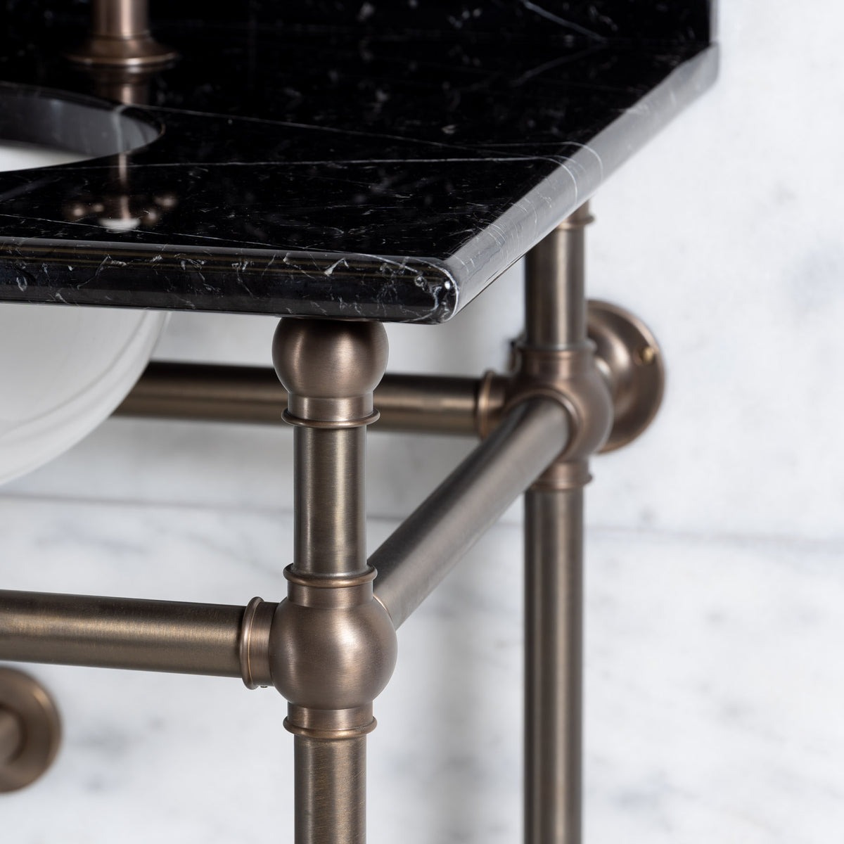 Coleridge Double Brass Console Bathroom Sink (Inc. Marble Top, Upstand, Glass Shelf & Sinks) - Rutland London (USA)