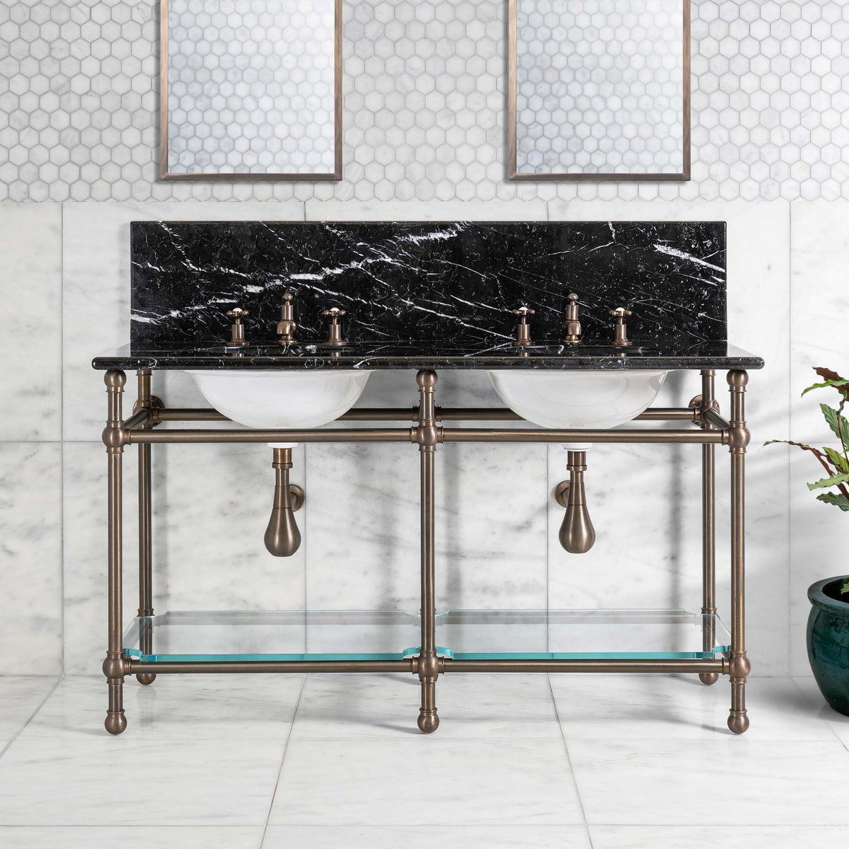 Coleridge Double Brass Console Bathroom Sink (Inc. Marble Top, Upstand, Glass Shelf & Sinks) - Rutland London (USA)