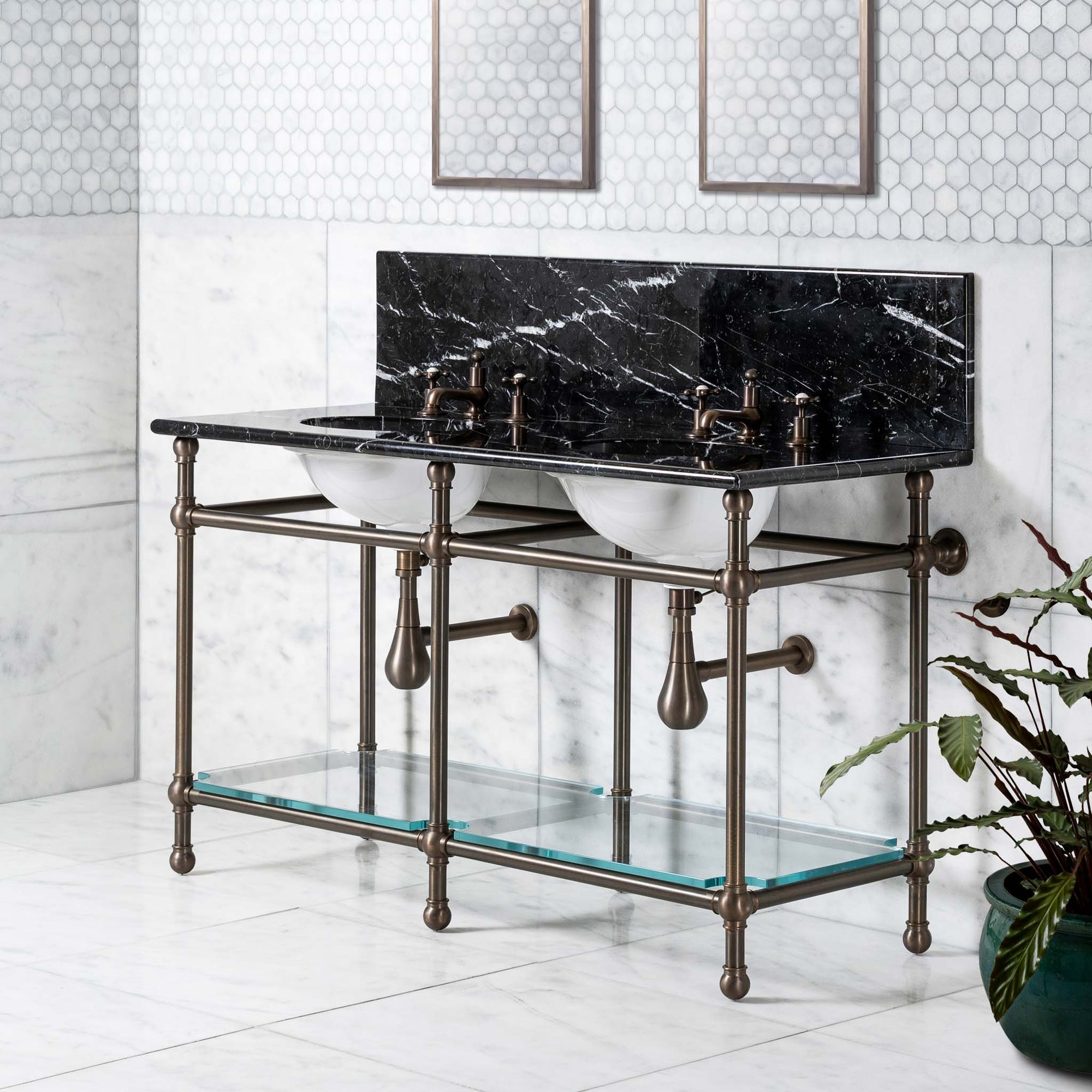 Coleridge Double Brass Console Bathroom Sink (Inc. Marble Top, Upstand, Glass Shelf & Sinks) - Rutland London (USA)
