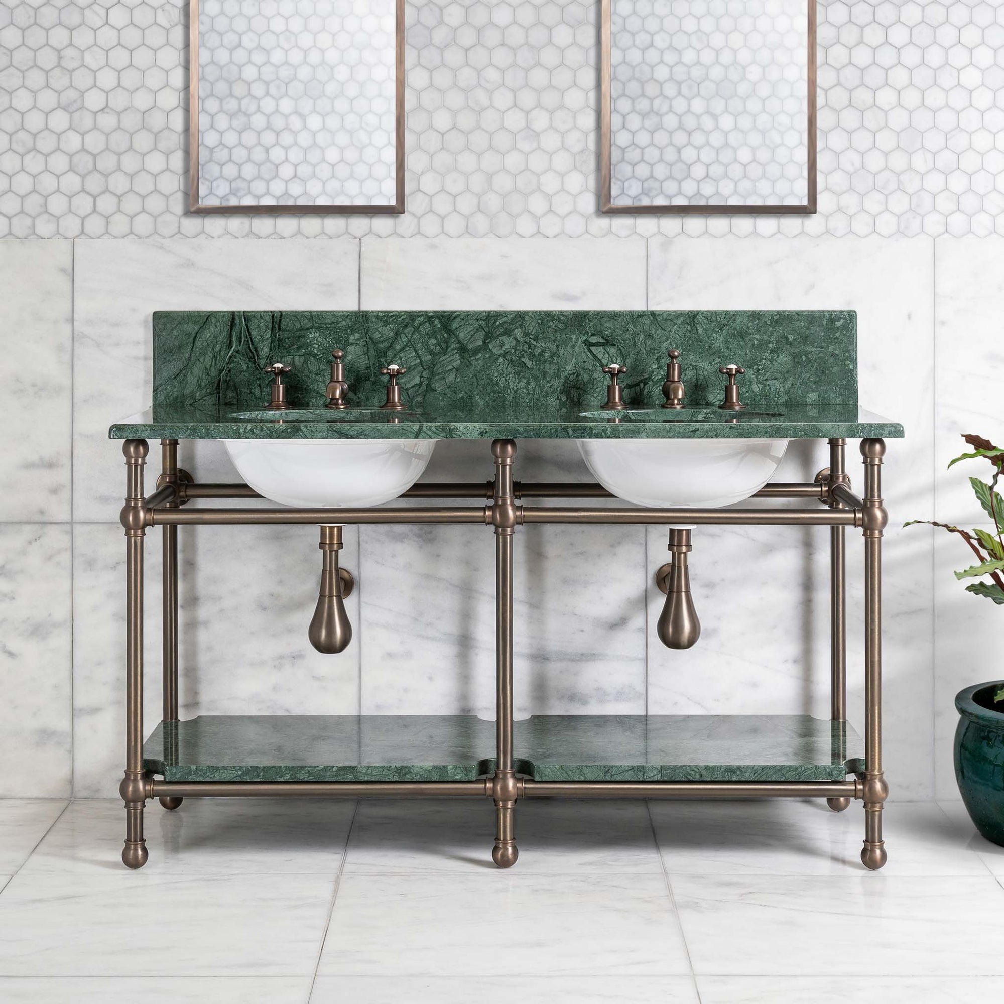 Nevern Double Brass Console Bathroom Sink (Inc. Marble Top, Upstand, Shelf & Sinks) - Rutland London (USA)