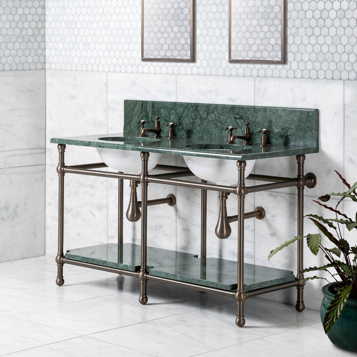 Nevern Double Brass Console Bathroom Sink (Inc. Marble Top, Upstand, Shelf & Sinks) - Rutland London (USA)